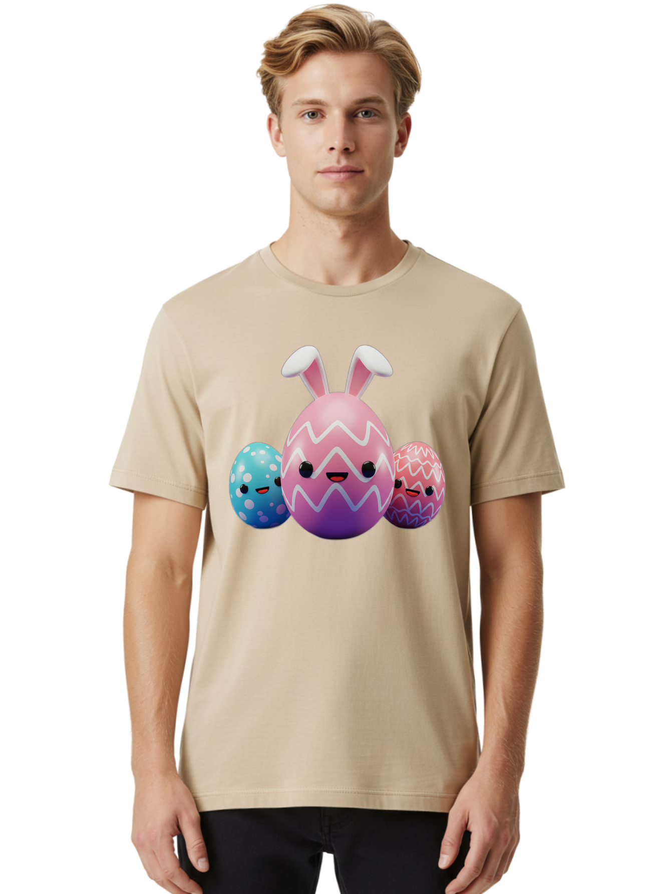 Easter-Eggs-With-Bunny-Ears Men'S Graphic Tee, 100% Cotton, Comfortable Casual Summer Wear, Machine Washable, Easter Eggs, Colorful Eggs, Decorated Eggs, Festive Eggs, Egg Hunt, Spring Season, Pastel Colors, Cute Eggs, Easter Celebration, Baa624