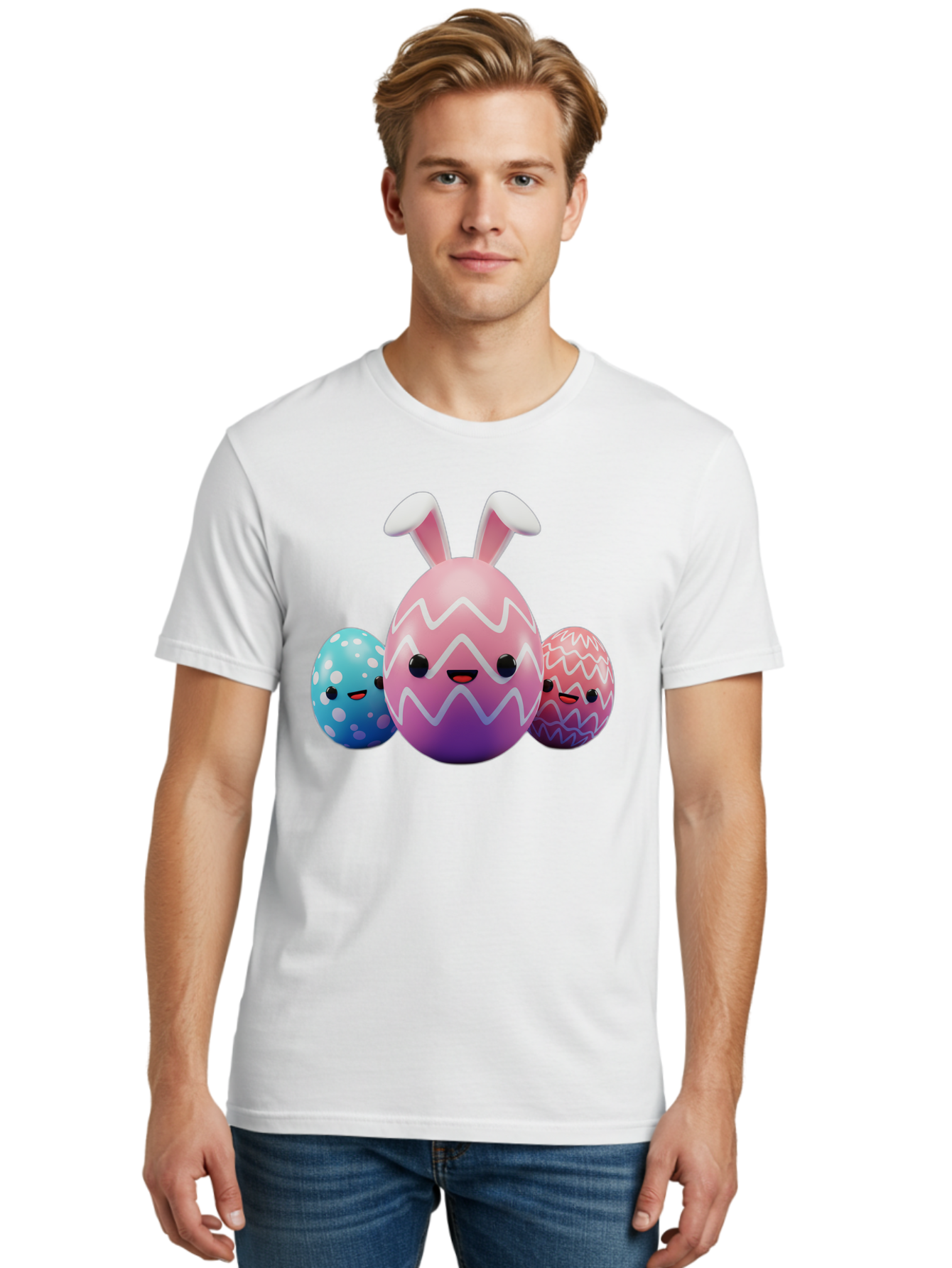 Easter-Eggs-With-Bunny-Ears Men'S Graphic Tee, 100% Cotton, Comfortable Casual Summer Wear, Machine Washable, Easter Eggs, Colorful Eggs, Decorated Eggs, Festive Eggs, Egg Hunt, Spring Season, Pastel Colors, Cute Eggs, Easter Celebration, Baa624