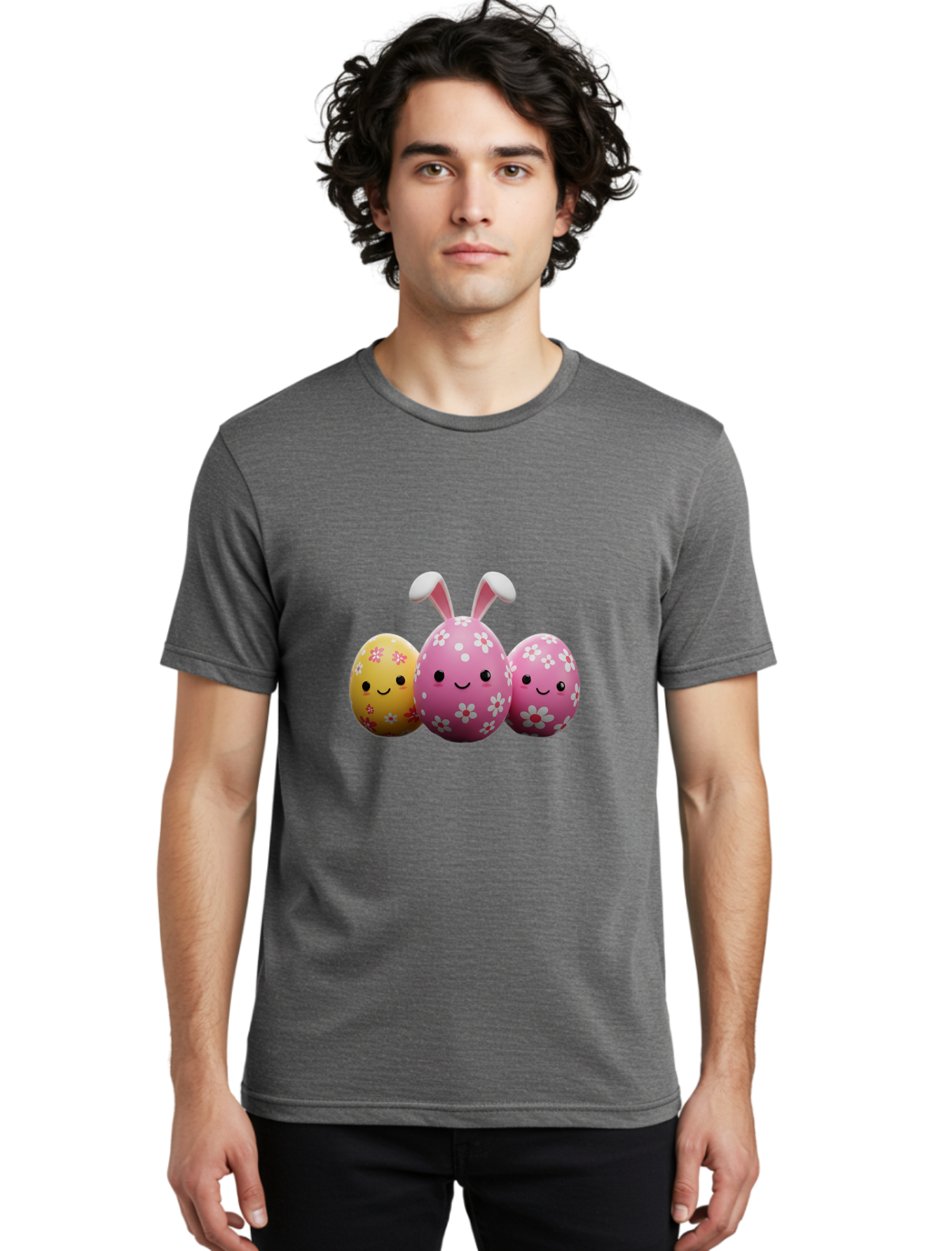 Easter-Eggs-With-Flowers Men'S Graphic Tee, 100% Cotton, Comfortable Casual Summer Wear, Machine Washable, Easter Eggs, Floral Patterns, Cute Characters, Smiling Faces, Bunny Ears, Pastel Colors, Happy Easter, Spring Decorations, Baa625