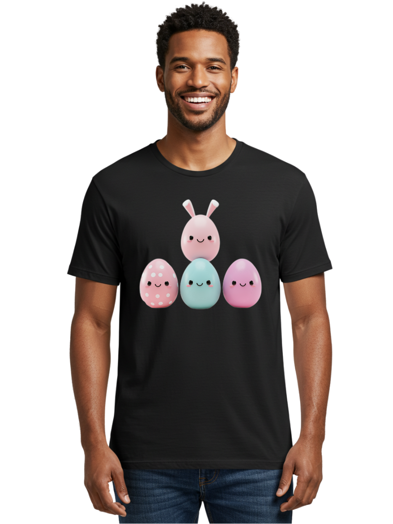 Easter-Eggs Men'S Graphic Tee, 100% Cotton, Comfortable Casual Summer Wear, Machine Washable, Easter Eggs, Cartoon Eggs, Smiling Eggs, Pastel Colors, Decorative Eggs, Easter Theme, Cute Eggs, Egg Characters, Digital Illustration, Baa626