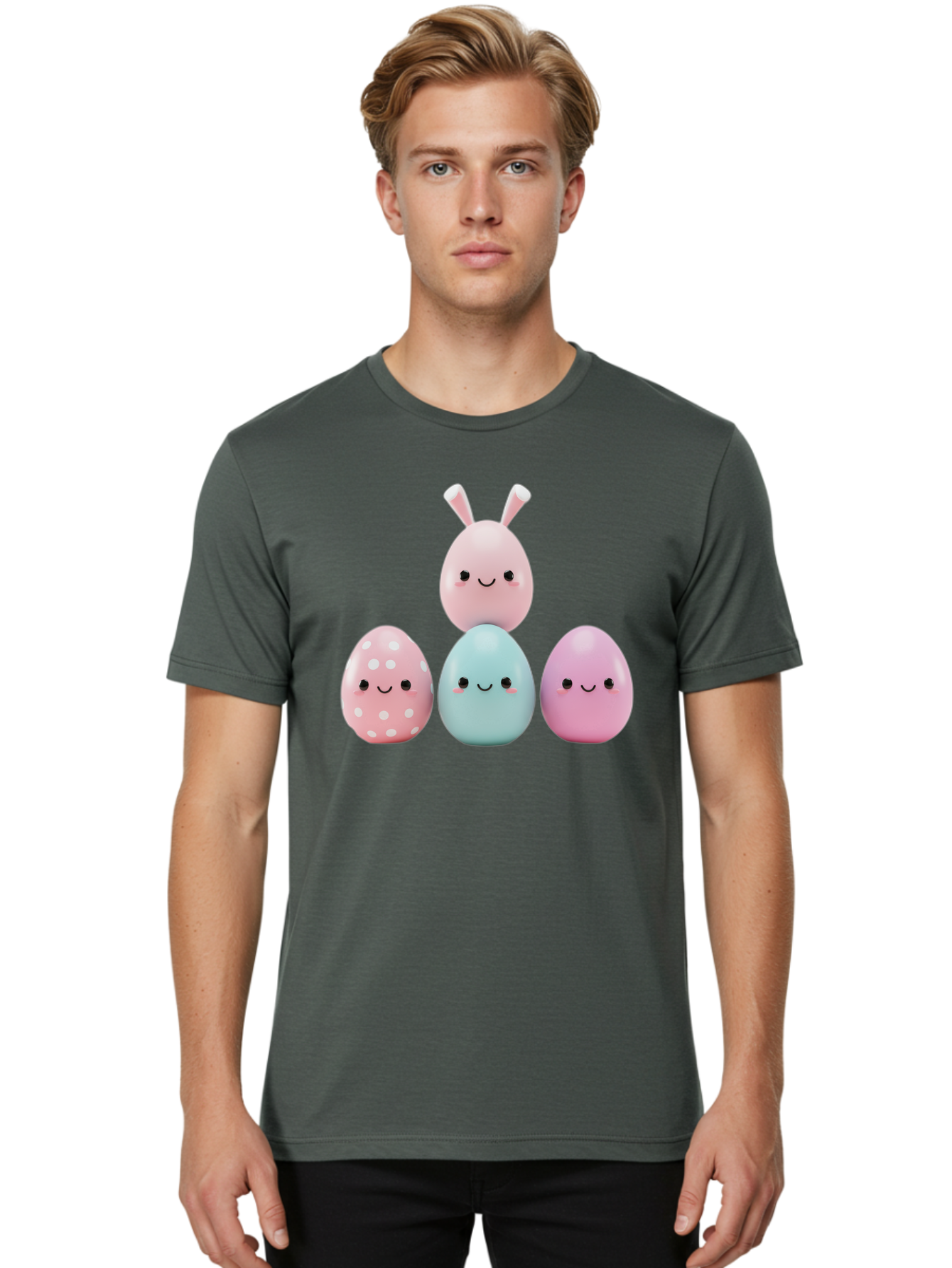 Easter-Eggs Men'S Graphic Tee, 100% Cotton, Comfortable Casual Summer Wear, Machine Washable, Easter Eggs, Cartoon Eggs, Smiling Eggs, Pastel Colors, Decorative Eggs, Easter Theme, Cute Eggs, Egg Characters, Digital Illustration, Baa626