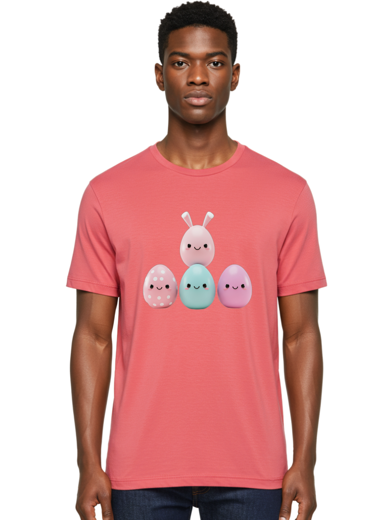 Easter-Eggs Men'S Graphic Tee, 100% Cotton, Comfortable Casual Summer Wear, Machine Washable, Easter Eggs, Cartoon Eggs, Smiling Eggs, Pastel Colors, Decorative Eggs, Easter Theme, Cute Eggs, Egg Characters, Digital Illustration, Baa626