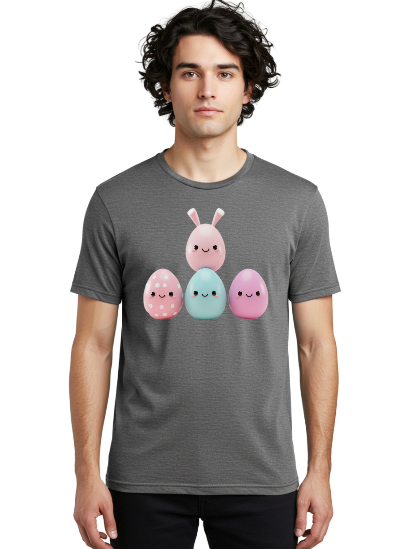 Easter-Eggs Men'S Graphic Tee, 100% Cotton, Comfortable Casual Summer Wear, Machine Washable, Easter Eggs, Cartoon Eggs, Smiling Eggs, Pastel Colors, Decorative Eggs, Easter Theme, Cute Eggs, Egg Characters, Digital Illustration, Baa626