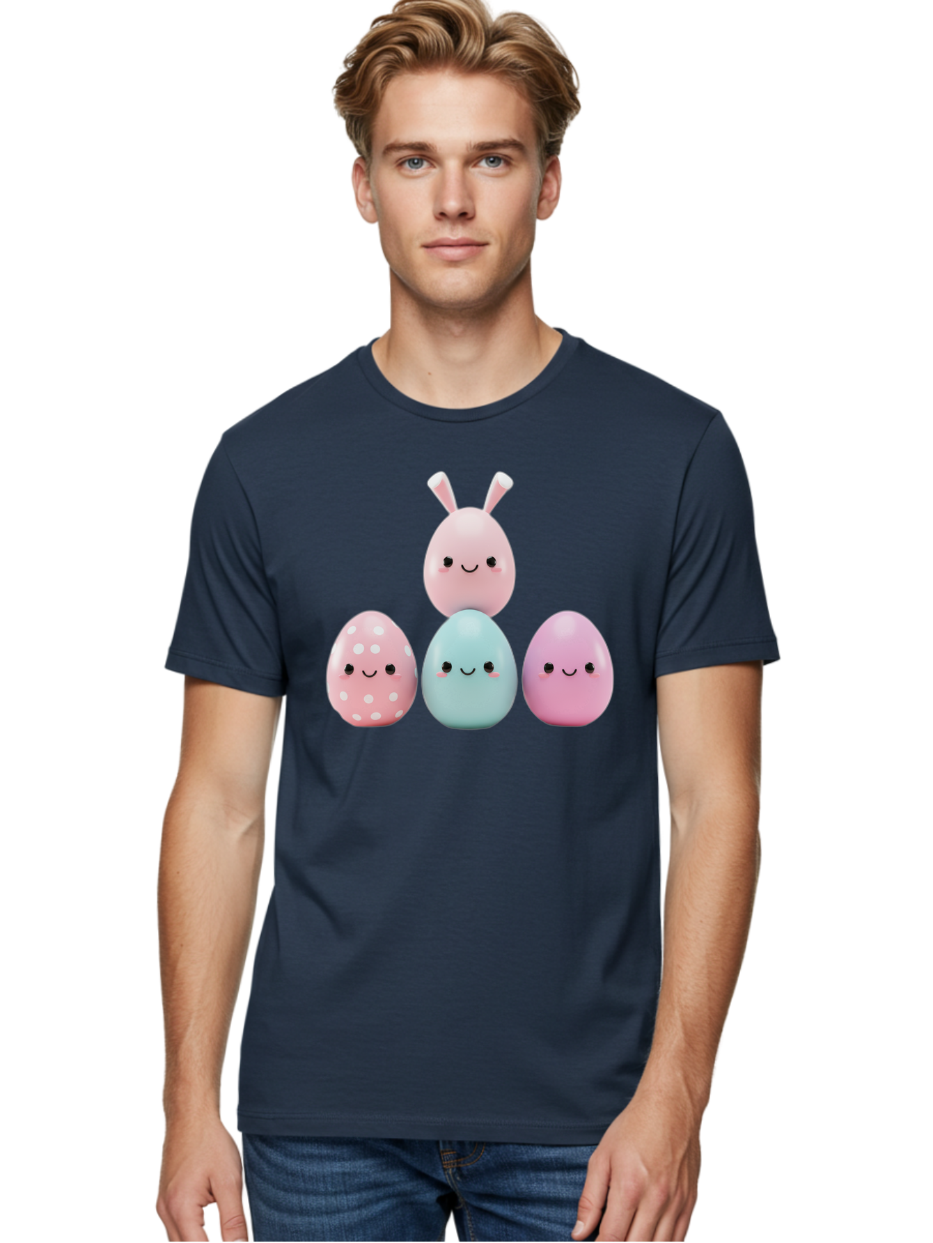 Easter-Eggs Men'S Graphic Tee, 100% Cotton, Comfortable Casual Summer Wear, Machine Washable, Easter Eggs, Cartoon Eggs, Smiling Eggs, Pastel Colors, Decorative Eggs, Easter Theme, Cute Eggs, Egg Characters, Digital Illustration, Baa626