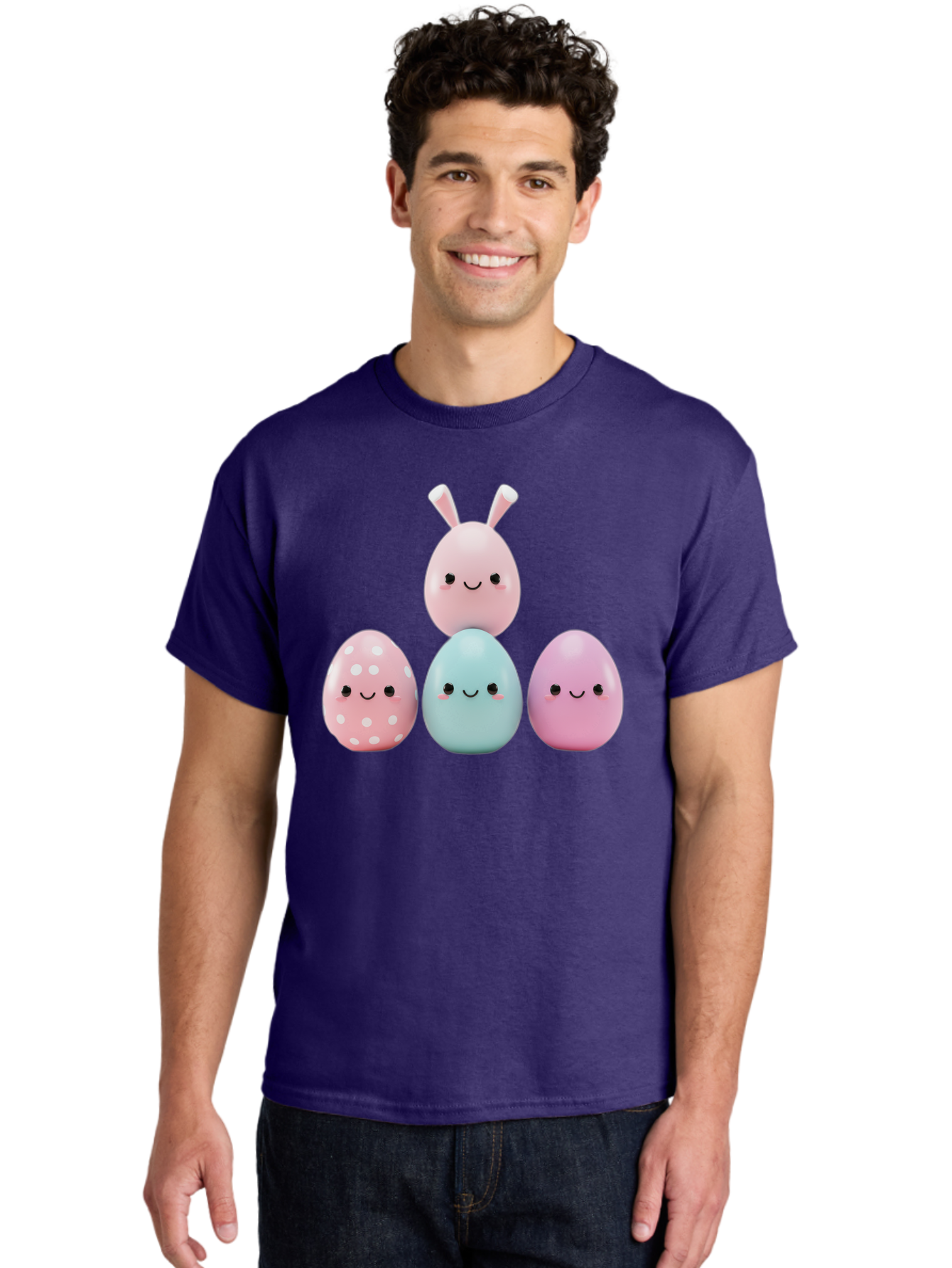 Easter-Eggs Men'S Graphic Tee, 100% Cotton, Comfortable Casual Summer Wear, Machine Washable, Easter Eggs, Cartoon Eggs, Smiling Eggs, Pastel Colors, Decorative Eggs, Easter Theme, Cute Eggs, Egg Characters, Digital Illustration, Baa626