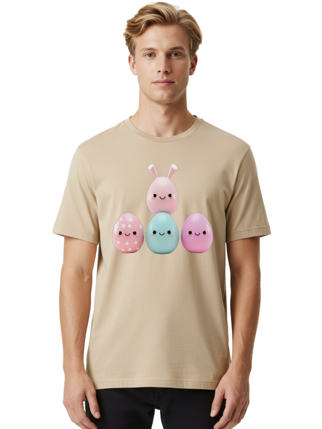 Easter-Eggs Men'S Graphic Tee, 100% Cotton, Comfortable Casual Summer Wear, Machine Washable, Easter Eggs, Cartoon Eggs, Smiling Eggs, Pastel Colors, Decorative Eggs, Easter Theme, Cute Eggs, Egg Characters, Digital Illustration, Baa626
