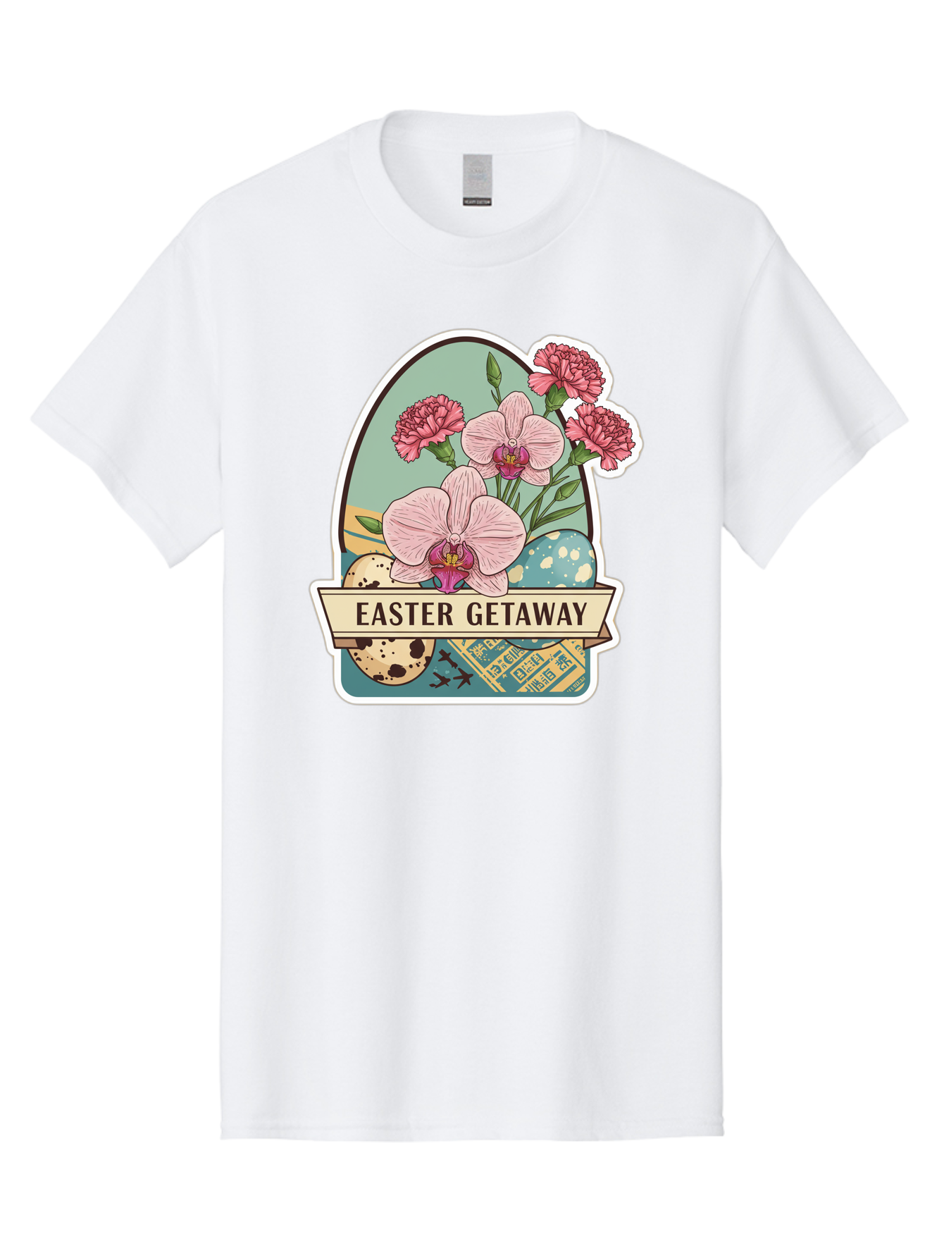 Easter-Getaway Men'S Graphic Tee, 100% Cotton, Comfortable Casual Summer Wear, Machine Washable, Easter Getaway, Easter Egg, Pink Orchids, Carnations, Eggs, Birds, Decorative Egg, Easter Flowers, Spring Flowers, Pastel Colors, Baa628