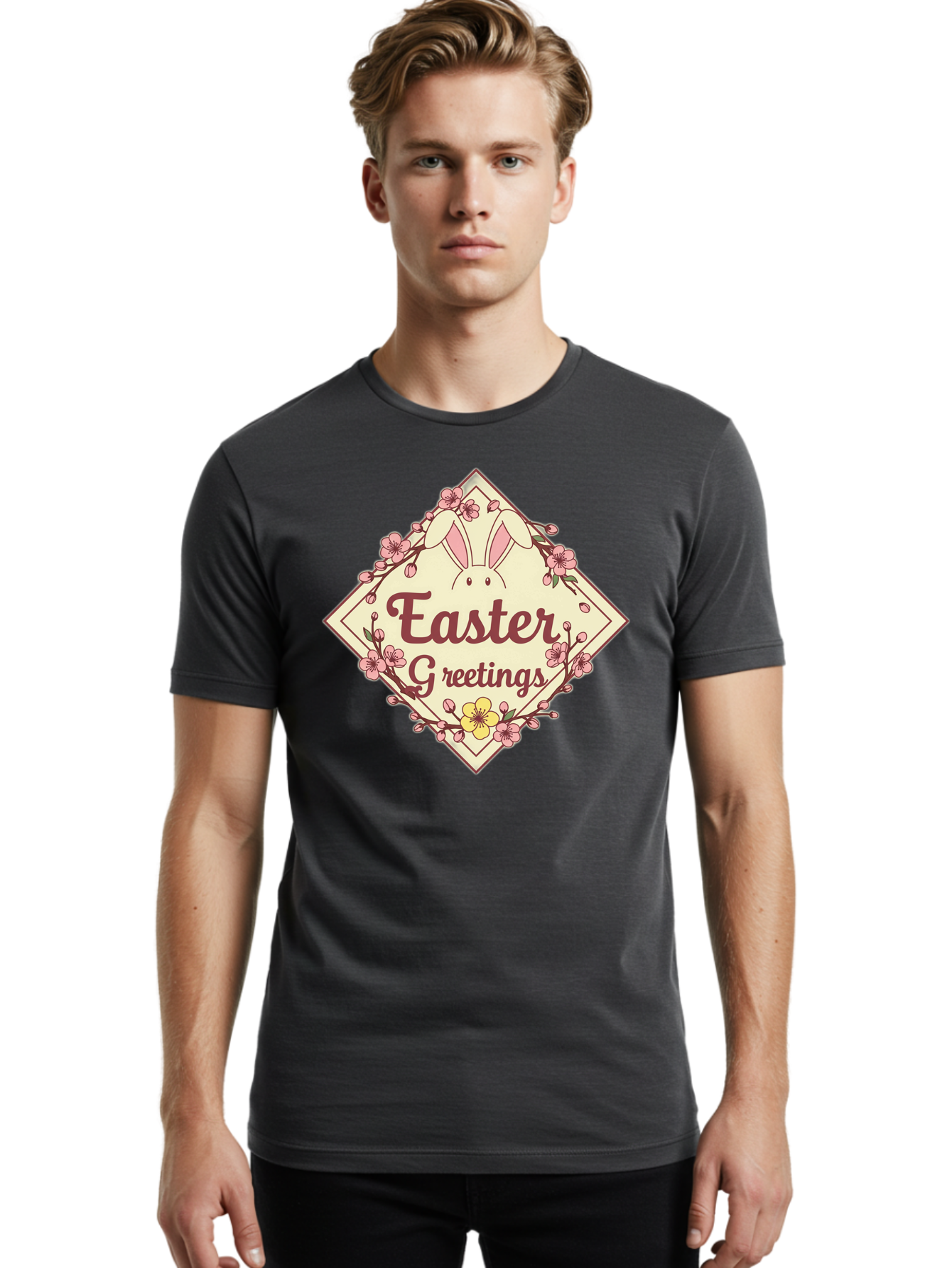 Easter-Greetings Men'S Graphic Tee, 100% Cotton, Comfortable Casual Summer Wear, Machine Washable, Easter Bunny, Easter Greetings, Floral Wreath, Pastel Colors, Spring Flowers, Easter Wishes, Festive Design Baa629