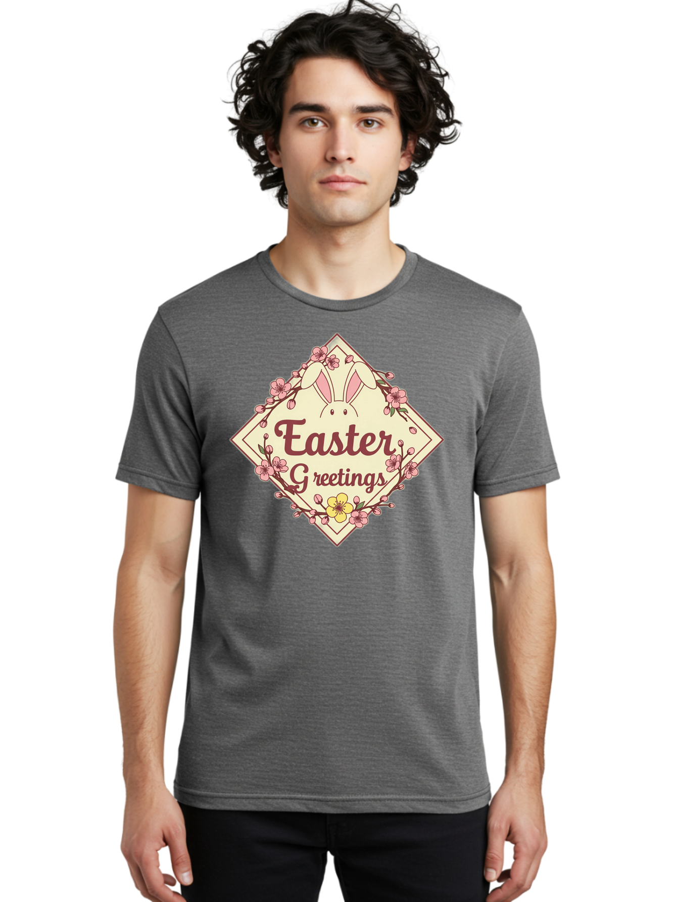Easter-Greetings Men'S Graphic Tee, 100% Cotton, Comfortable Casual Summer Wear, Machine Washable, Easter Bunny, Easter Greetings, Floral Wreath, Pastel Colors, Spring Flowers, Easter Wishes, Festive Design Baa629