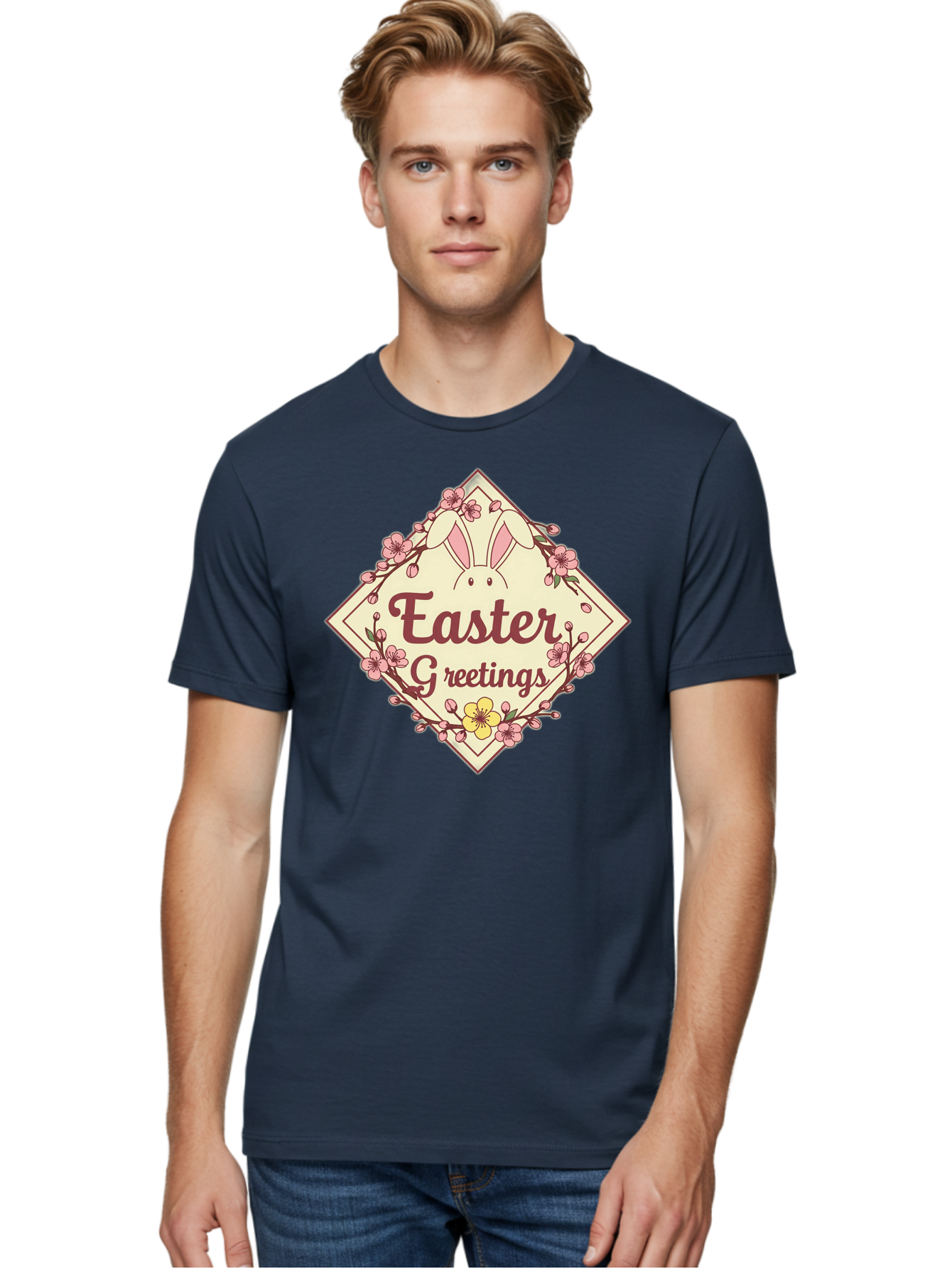 Easter-Greetings Men'S Graphic Tee, 100% Cotton, Comfortable Casual Summer Wear, Machine Washable, Easter Bunny, Easter Greetings, Floral Wreath, Pastel Colors, Spring Flowers, Easter Wishes, Festive Design Baa629