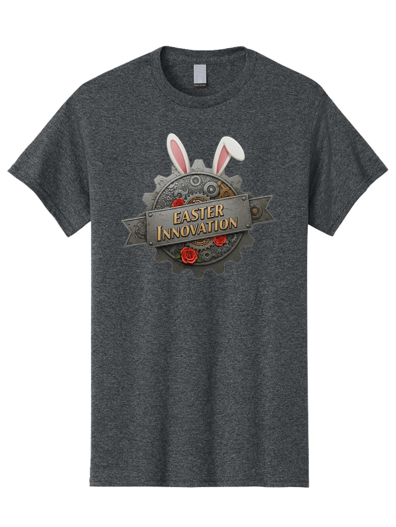 Easter-Innovation Men'S Graphic Tee, 100% Cotton, Comfortable Casual Summer Wear, Machine Washable, Steampunk Gear, Bunny Ears, Easter Innovation Logo, Rose Design, Vintage Machinery, Industrial Aesthetic, Easter Theme, Creative Symbolism, Baa630