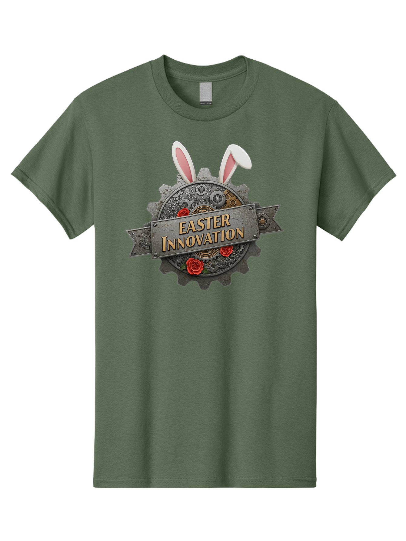Easter-Innovation Men'S Graphic Tee, 100% Cotton, Comfortable Casual Summer Wear, Machine Washable, Steampunk Gear, Bunny Ears, Easter Innovation Logo, Rose Design, Vintage Machinery, Industrial Aesthetic, Easter Theme, Creative Symbolism, Baa630