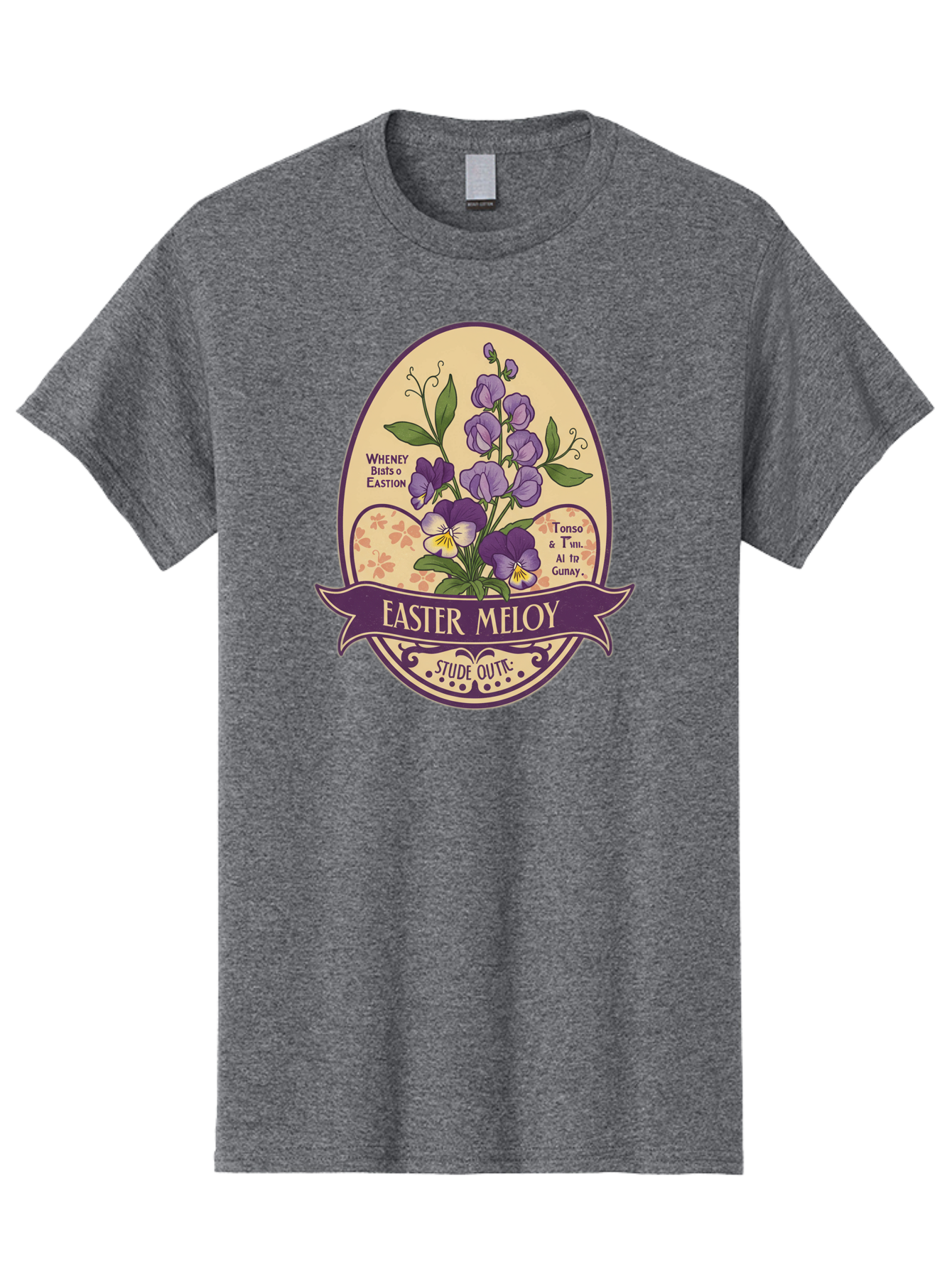 Easter-Meloy Men'S Graphic Tee, 100% Cotton, Comfortable Casual Summer Wear, Machine Washable, Purple Violets, Easter Flowers, Floral Illustration, Vintage Design, Easter Meloy, Poetic Verse, Blooming Flowers, Floral Arrangement, Baa632