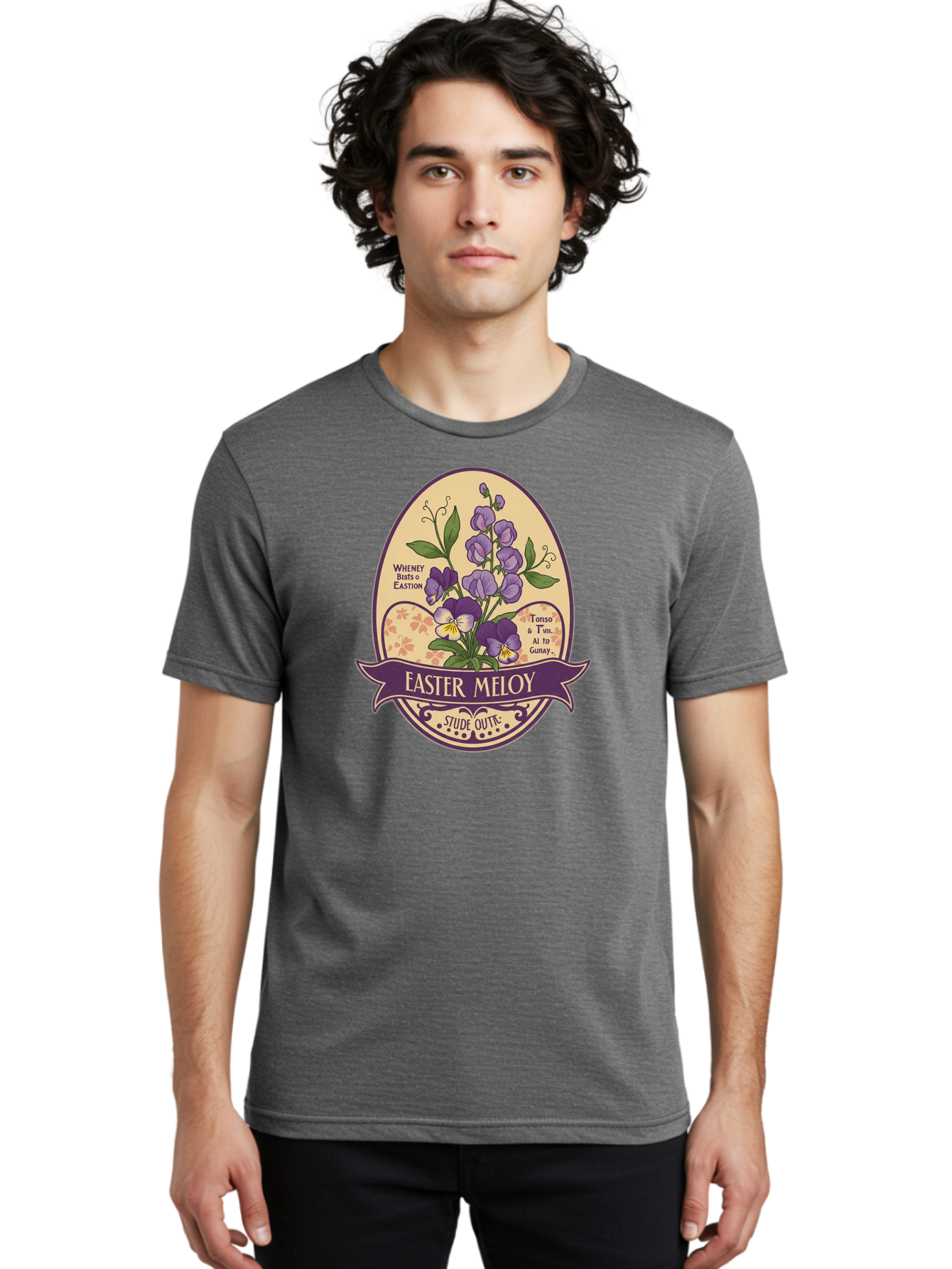 Easter-Meloy Men'S Graphic Tee, 100% Cotton, Comfortable Casual Summer Wear, Machine Washable, Purple Violets, Easter Flowers, Floral Illustration, Vintage Design, Easter Meloy, Poetic Verse, Blooming Flowers, Floral Arrangement, Baa632