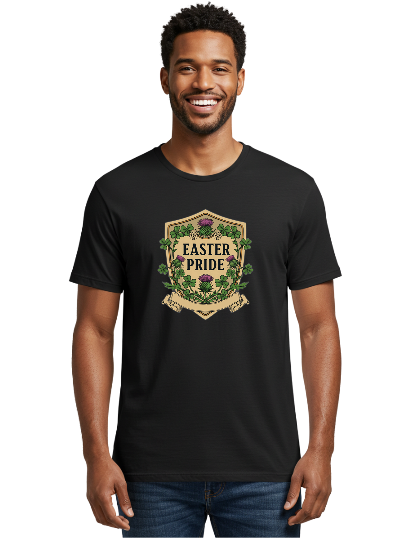 Easter-Pride Men'S Graphic Tee, 100% Cotton, Comfortable Casual Summer Wear, Machine Washable, Shamrocks, Purple Thistles, Easter Flowers, Floral Wreath, Vintage Badge, Easter Theme, Celtic Symbols, Festive Design, Spring Flowers Baa633