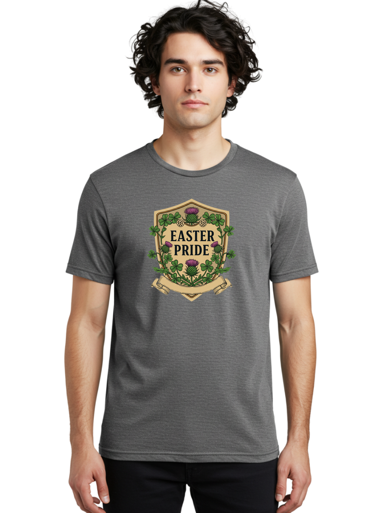 Easter-Pride Men'S Graphic Tee, 100% Cotton, Comfortable Casual Summer Wear, Machine Washable, Shamrocks, Purple Thistles, Easter Flowers, Floral Wreath, Vintage Badge, Easter Theme, Celtic Symbols, Festive Design, Spring Flowers Baa633