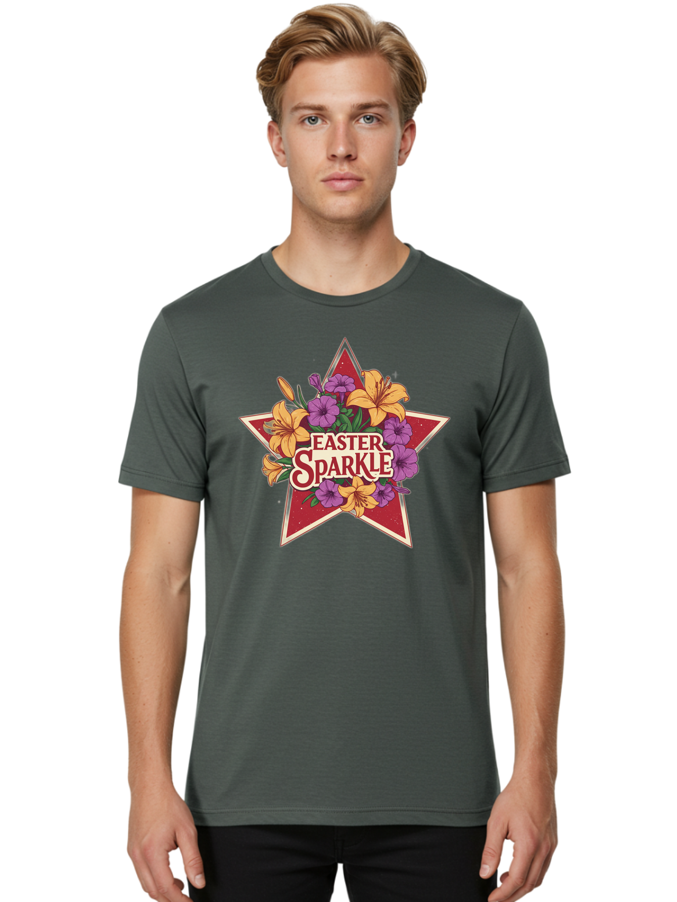 Easter-Sparkle Men'S Graphic Tee, 100% Cotton, Comfortable Casual Summer Wear, Machine Washable, Easter Sparkle, Yellow Lilies, Purple Flowers, Floral Arrangement, Red Star, Festive Design, Spring Celebration, Easter Decorations, Baa634