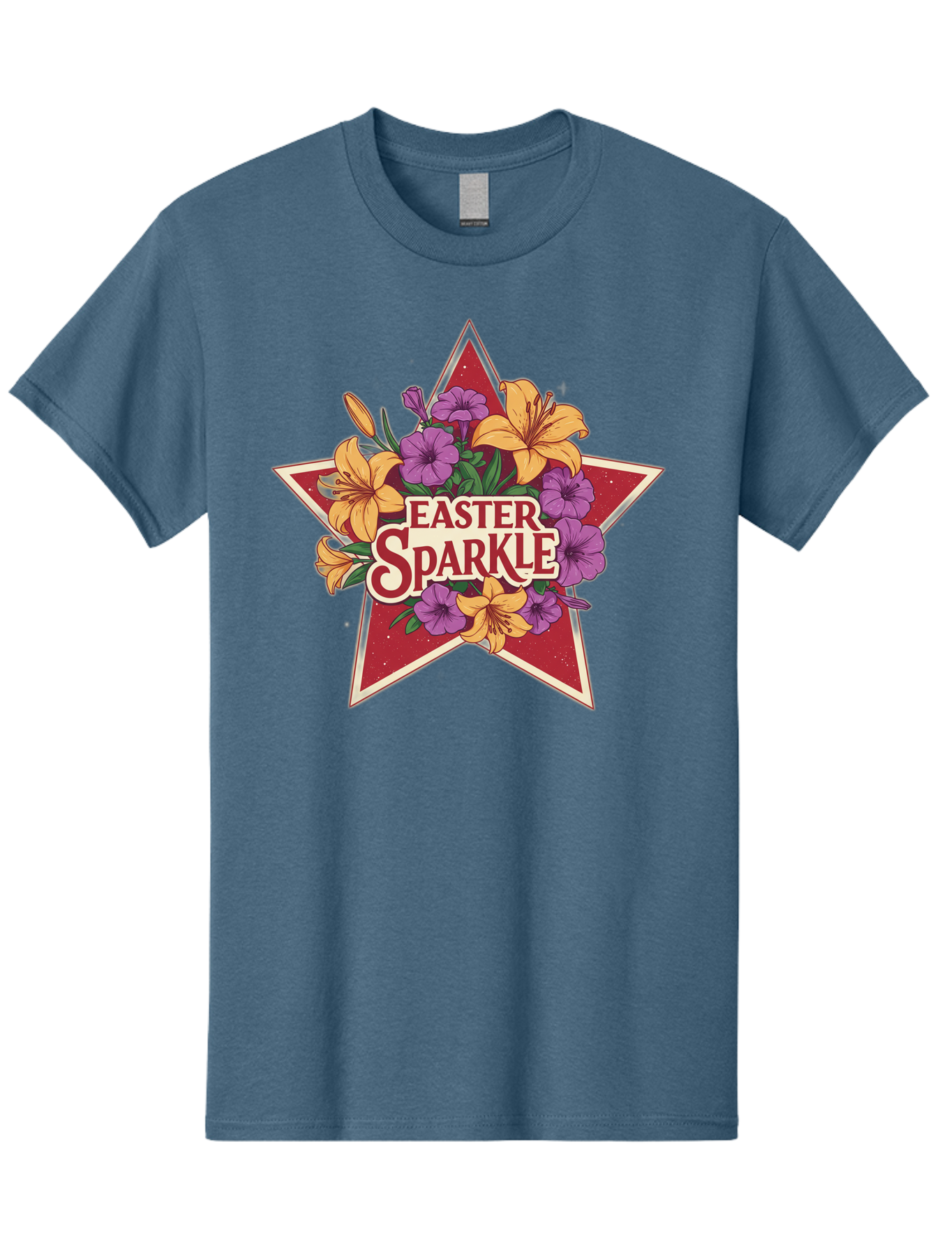 Easter-Sparkle Men'S Graphic Tee, 100% Cotton, Comfortable Casual Summer Wear, Machine Washable, Easter Sparkle, Yellow Lilies, Purple Flowers, Floral Arrangement, Red Star, Festive Design, Spring Celebration, Easter Decorations, Baa634