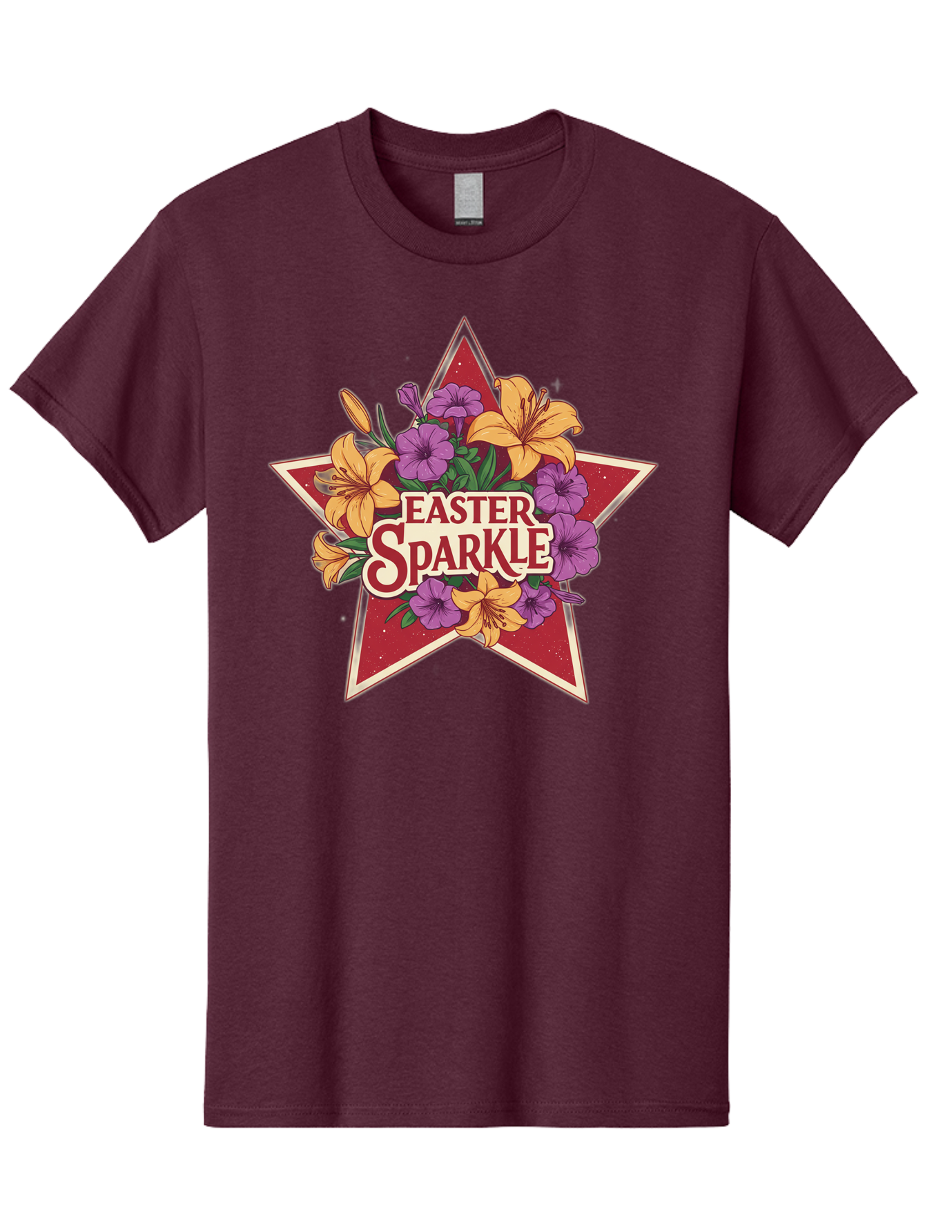 Easter-Sparkle Men'S Graphic Tee, 100% Cotton, Comfortable Casual Summer Wear, Machine Washable, Easter Sparkle, Yellow Lilies, Purple Flowers, Floral Arrangement, Red Star, Festive Design, Spring Celebration, Easter Decorations, Baa634