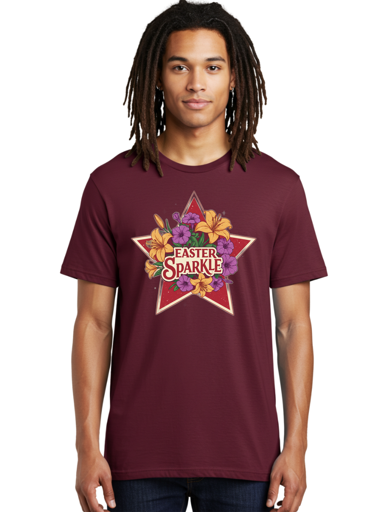 Easter-Sparkle Men'S Graphic Tee, 100% Cotton, Comfortable Casual Summer Wear, Machine Washable, Easter Sparkle, Yellow Lilies, Purple Flowers, Floral Arrangement, Red Star, Festive Design, Spring Celebration, Easter Decorations, Baa634