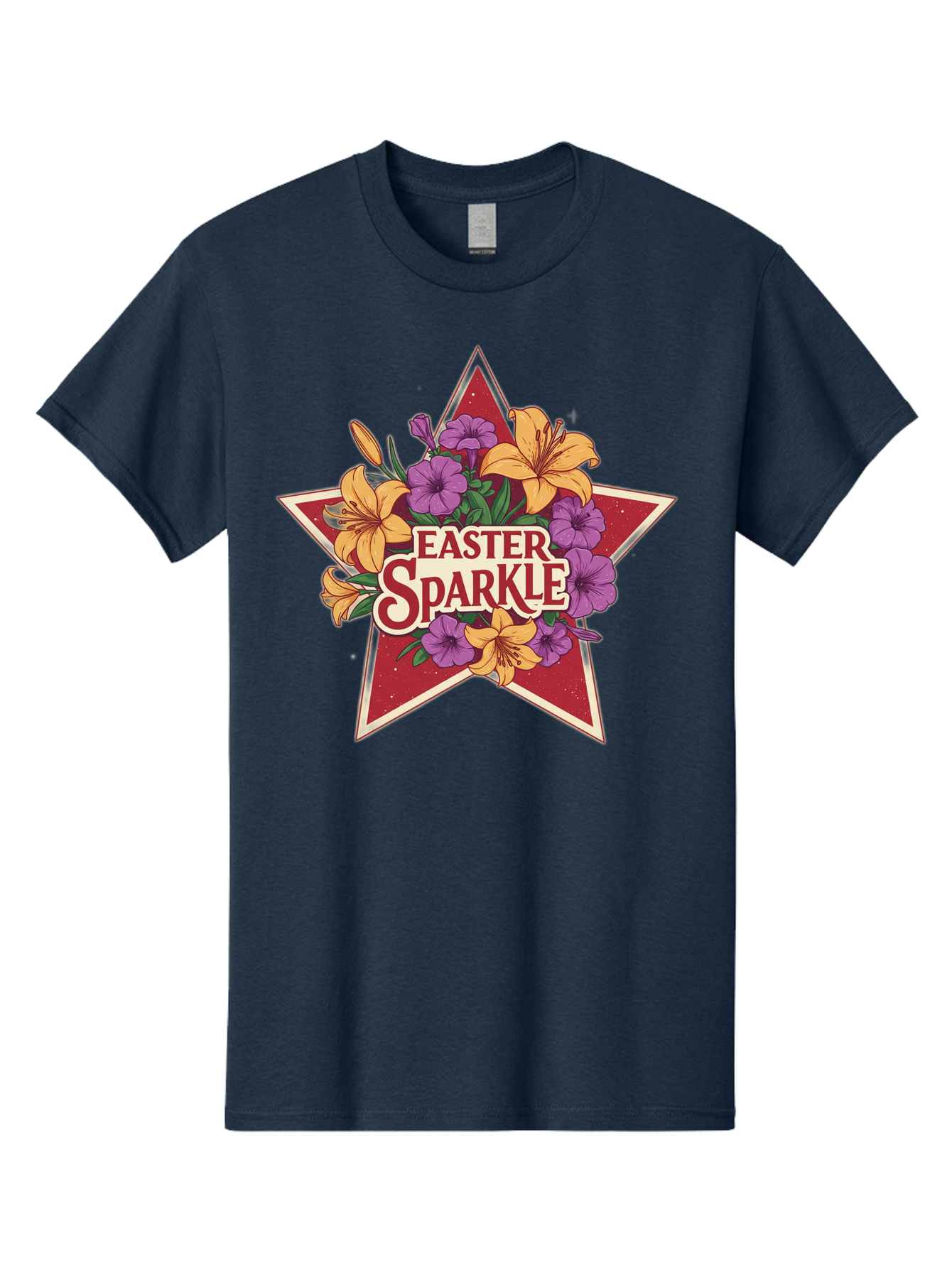 Easter-Sparkle Men'S Graphic Tee, 100% Cotton, Comfortable Casual Summer Wear, Machine Washable, Easter Sparkle, Yellow Lilies, Purple Flowers, Floral Arrangement, Red Star, Festive Design, Spring Celebration, Easter Decorations, Baa634