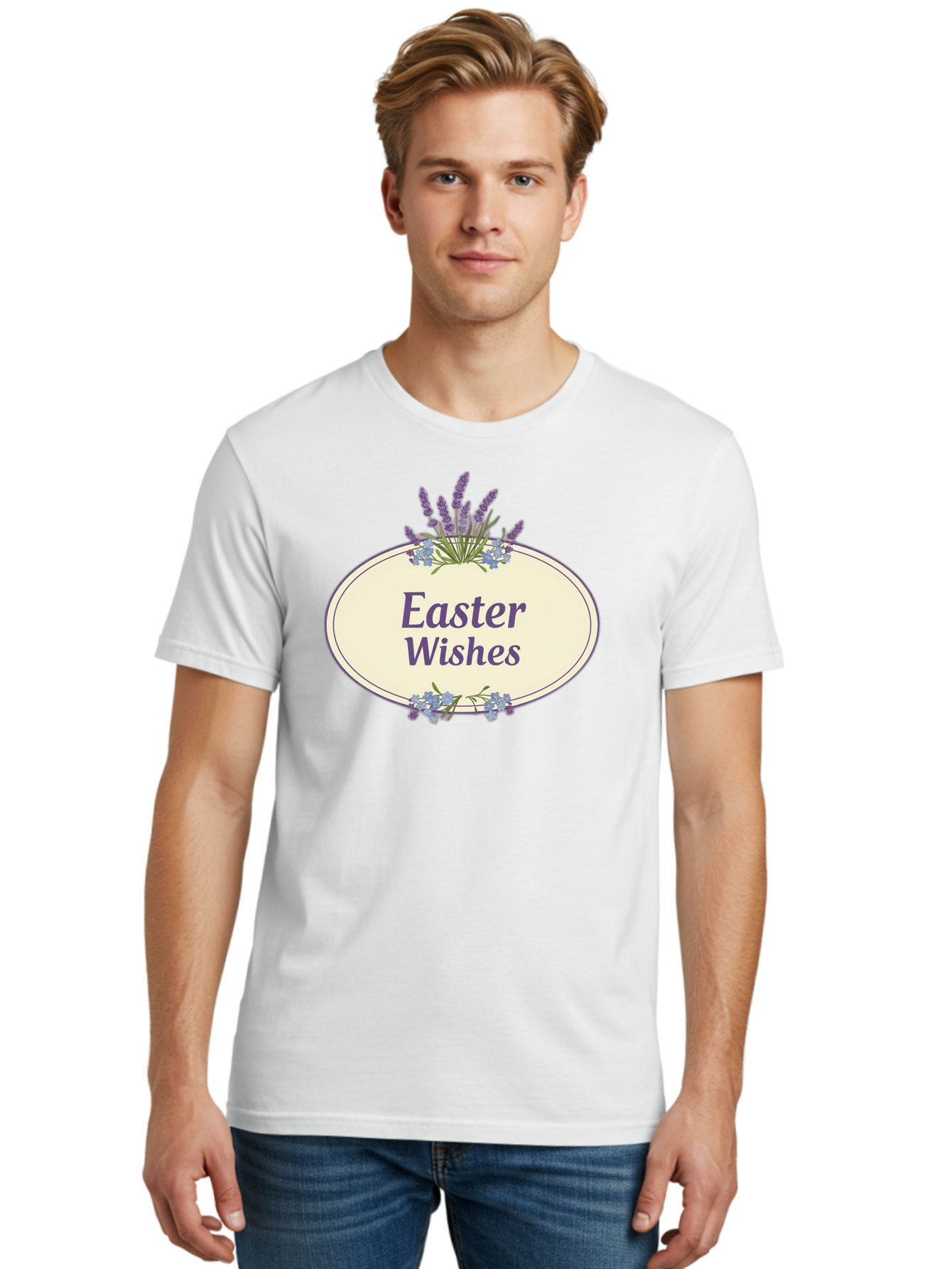 Easter-Wishes Men'S Graphic Tee, 100% Cotton, Comfortable Casual Summer Wear, Machine Washable, Easter Wishes, Easter Greeting Card, Spring Flowers, Floral Decoration, Purple Flowers, Lavender, Easter Message, Holiday Card, Festive Design, Baa635