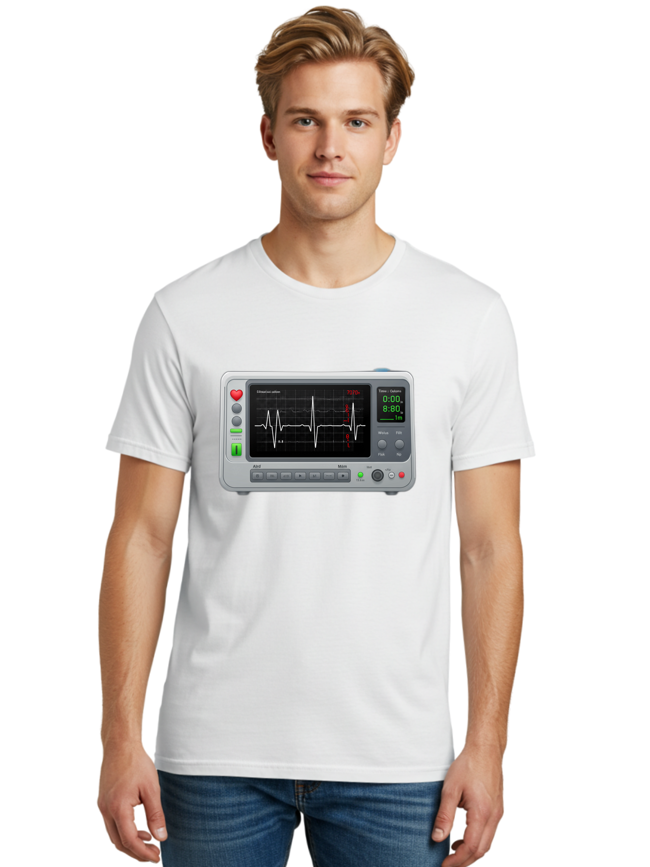 Ecg-Monitor Men'S Graphic Tee, 100% Cotton, Comfortable Casual Summer Wear, Machine Washable, Electrocardiogram Machine, Heart Rate Monitor, Medical Device, Cardiac Rhythm, Bpm Display, Health Technology, Patient Monitoring, Baa636