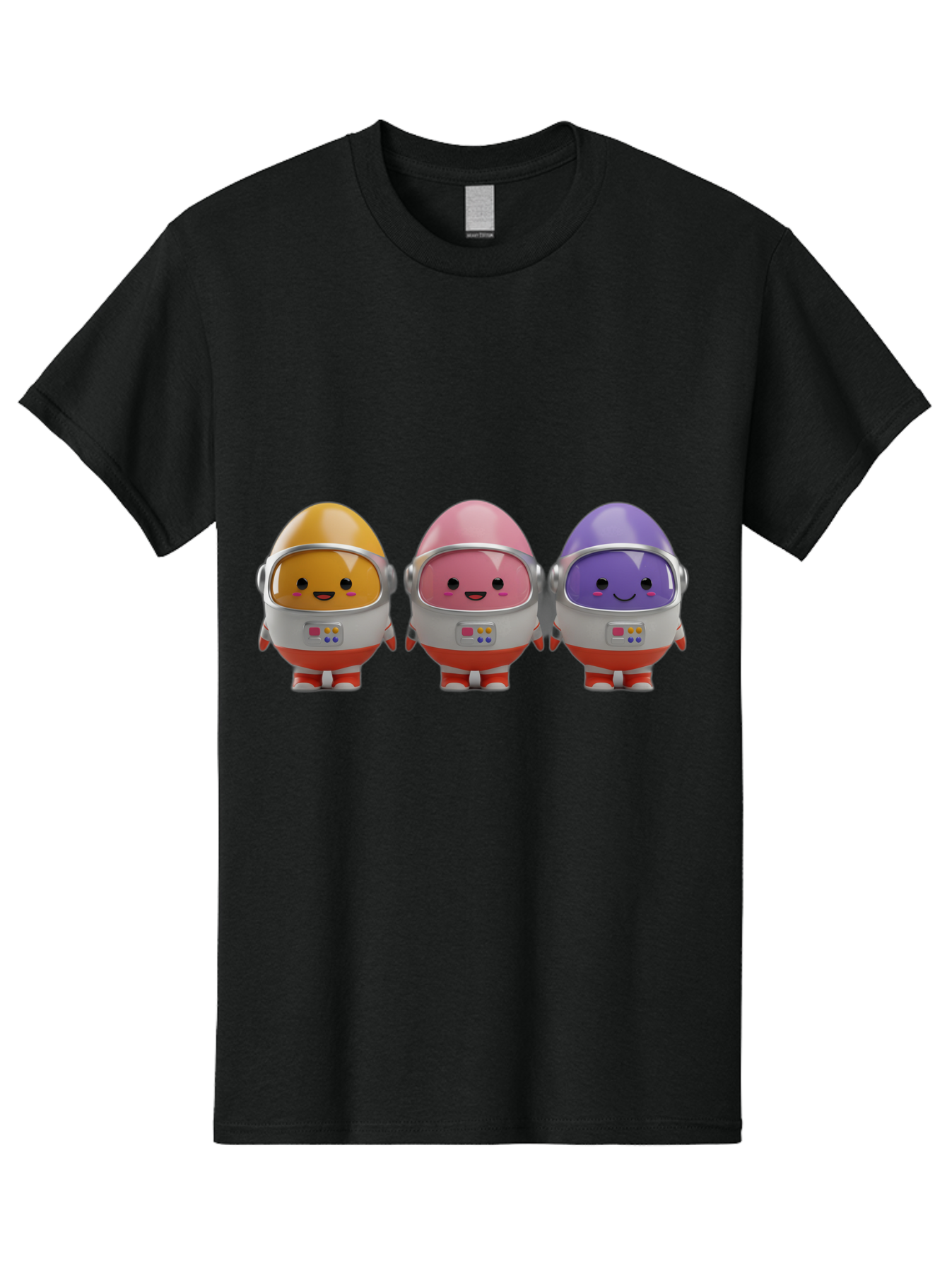 Egg-Astronauts Men'S Graphic Tee, 100% Cotton, Comfortable Casual Summer Wear, Machine Washable, Cartoon Eggs, Space Astronauts, Colorful Characters, Happy Faces, Silver Helmets, Red Boots, Futuristic Design, Playful Illustration, Cute Robots, Baa639
