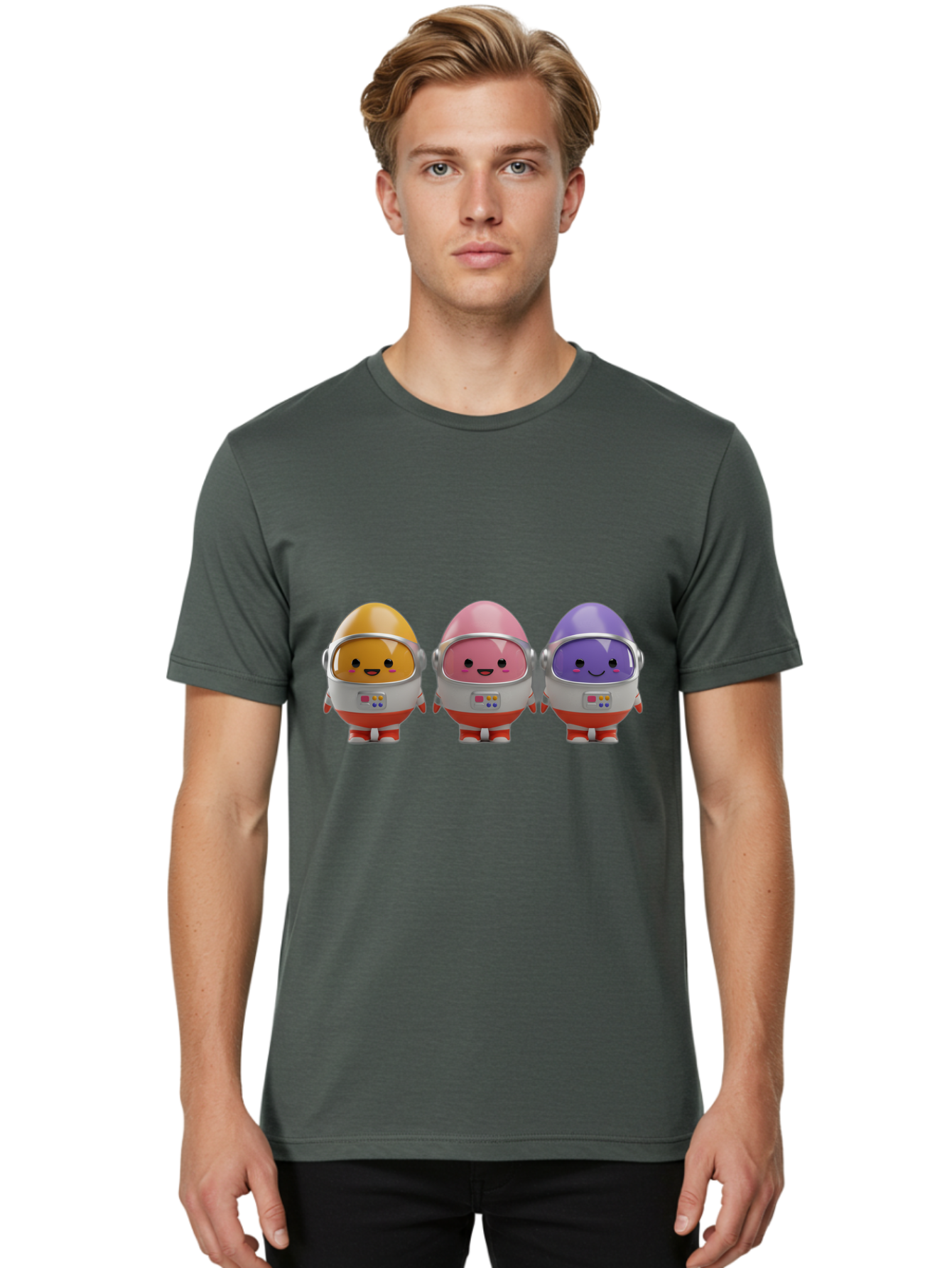 Egg-Astronauts Men'S Graphic Tee, 100% Cotton, Comfortable Casual Summer Wear, Machine Washable, Cartoon Eggs, Space Astronauts, Colorful Characters, Happy Faces, Silver Helmets, Red Boots, Futuristic Design, Playful Illustration, Cute Robots, Baa639