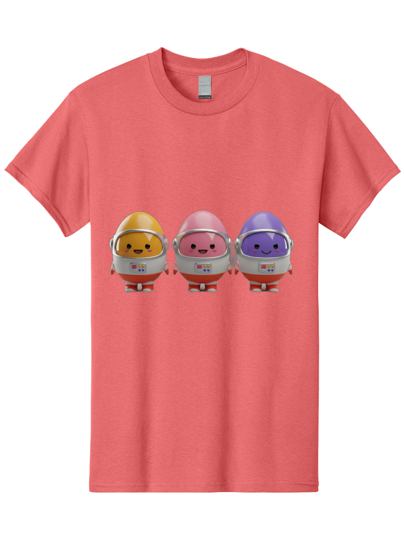 Egg-Astronauts Men'S Graphic Tee, 100% Cotton, Comfortable Casual Summer Wear, Machine Washable, Cartoon Eggs, Space Astronauts, Colorful Characters, Happy Faces, Silver Helmets, Red Boots, Futuristic Design, Playful Illustration, Cute Robots, Baa639