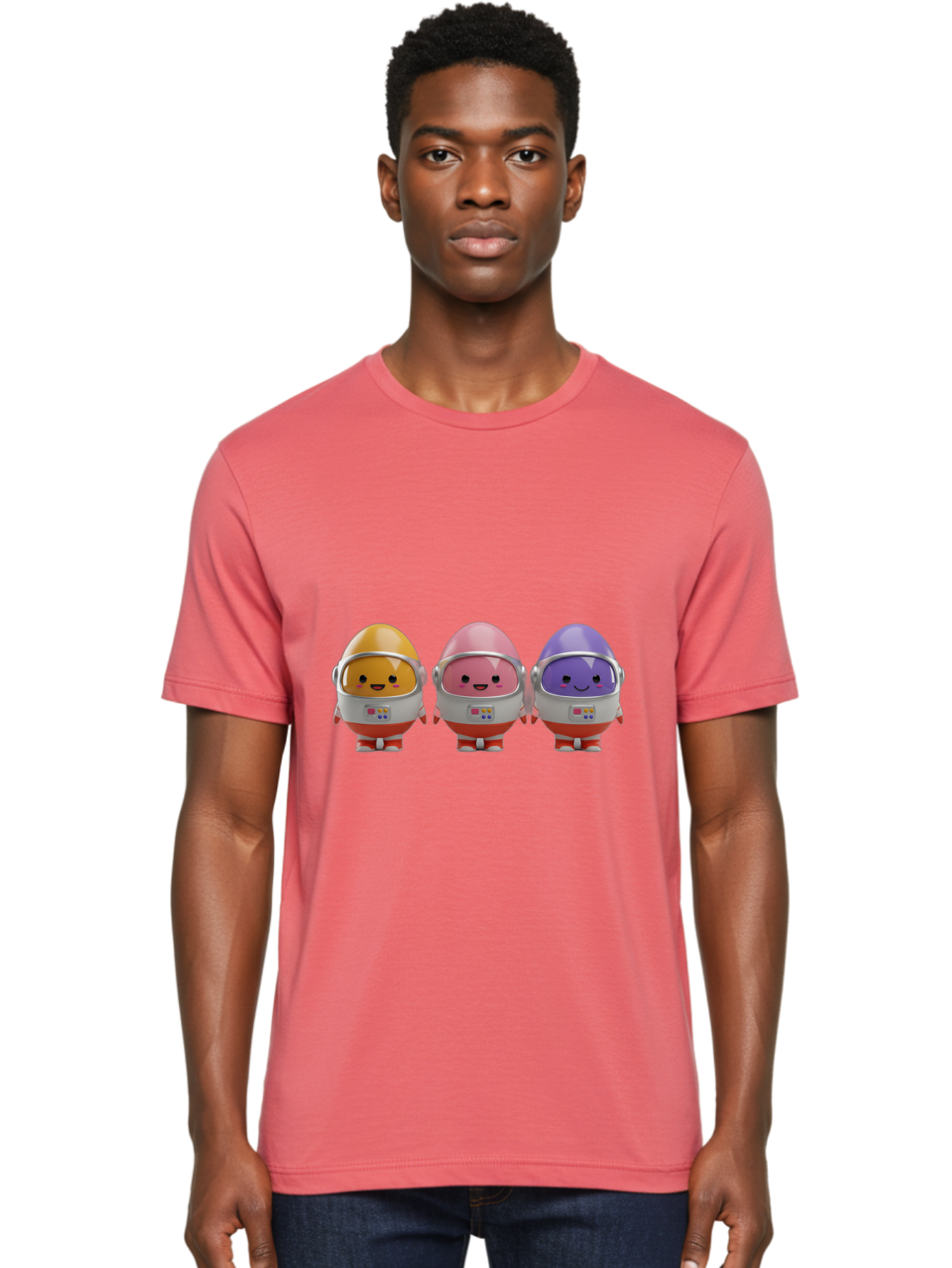 Egg-Astronauts Men'S Graphic Tee, 100% Cotton, Comfortable Casual Summer Wear, Machine Washable, Cartoon Eggs, Space Astronauts, Colorful Characters, Happy Faces, Silver Helmets, Red Boots, Futuristic Design, Playful Illustration, Cute Robots, Baa639