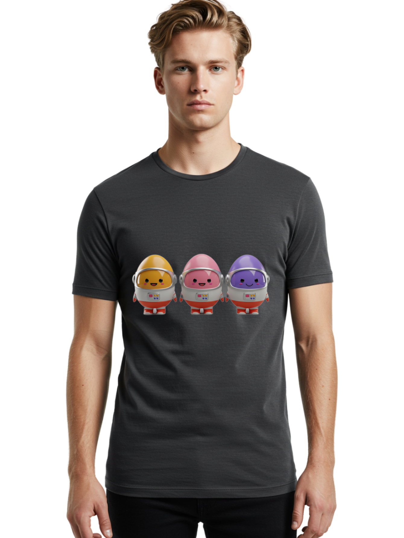 Egg-Astronauts Men'S Graphic Tee, 100% Cotton, Comfortable Casual Summer Wear, Machine Washable, Cartoon Eggs, Space Astronauts, Colorful Characters, Happy Faces, Silver Helmets, Red Boots, Futuristic Design, Playful Illustration, Cute Robots, Baa639