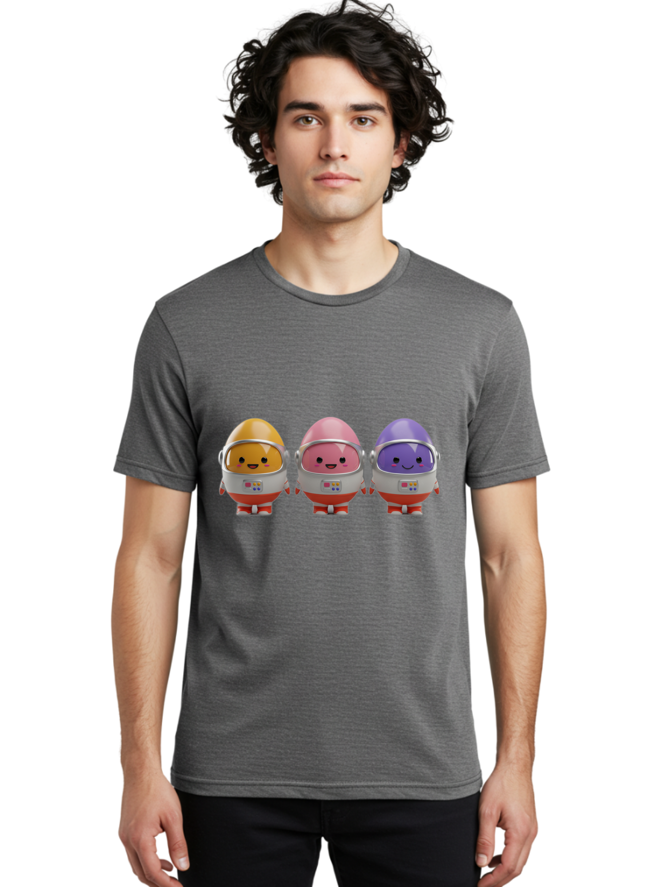Egg-Astronauts Men'S Graphic Tee, 100% Cotton, Comfortable Casual Summer Wear, Machine Washable, Cartoon Eggs, Space Astronauts, Colorful Characters, Happy Faces, Silver Helmets, Red Boots, Futuristic Design, Playful Illustration, Cute Robots, Baa639