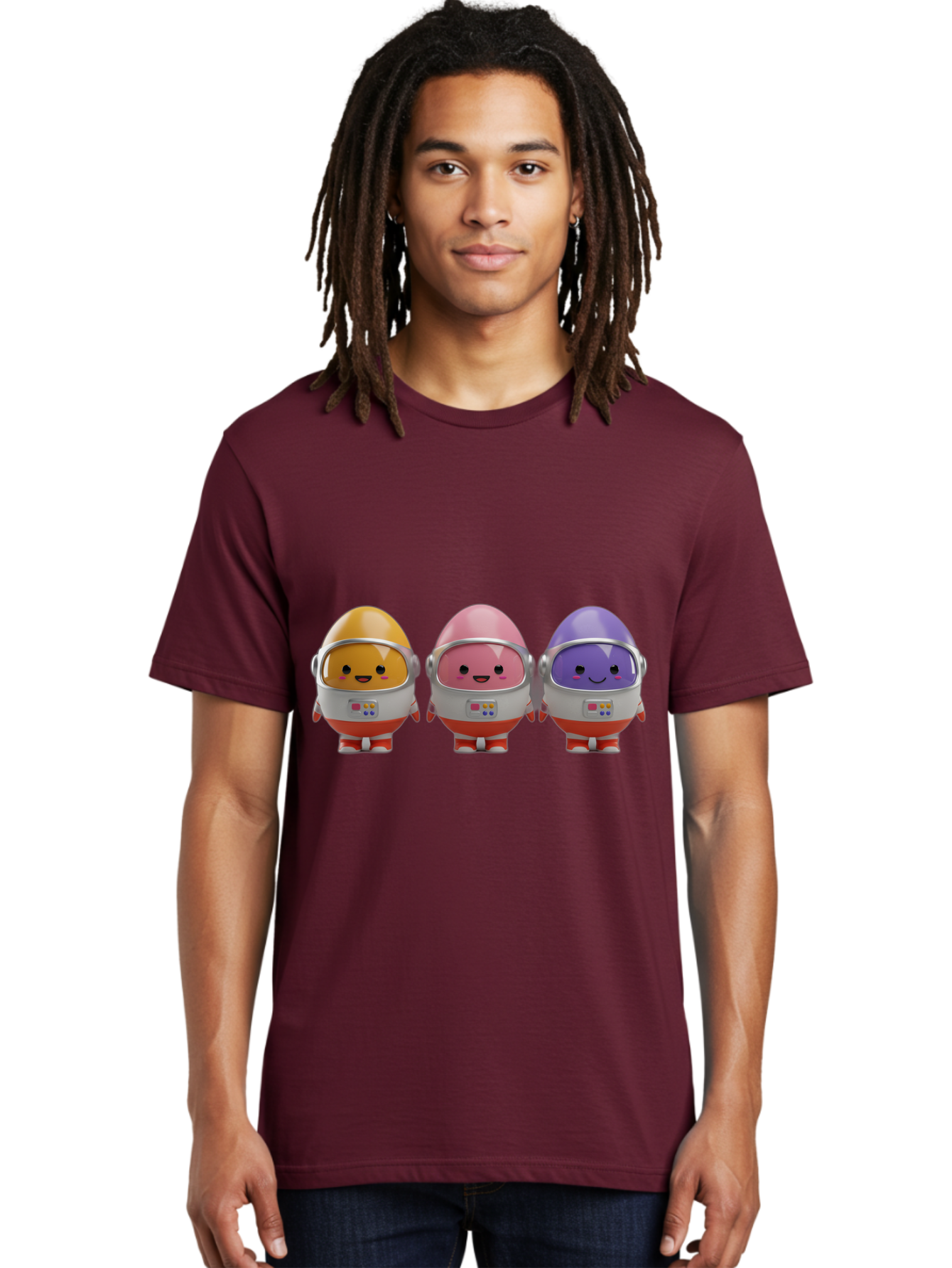 Egg-Astronauts Men'S Graphic Tee, 100% Cotton, Comfortable Casual Summer Wear, Machine Washable, Cartoon Eggs, Space Astronauts, Colorful Characters, Happy Faces, Silver Helmets, Red Boots, Futuristic Design, Playful Illustration, Cute Robots, Baa639