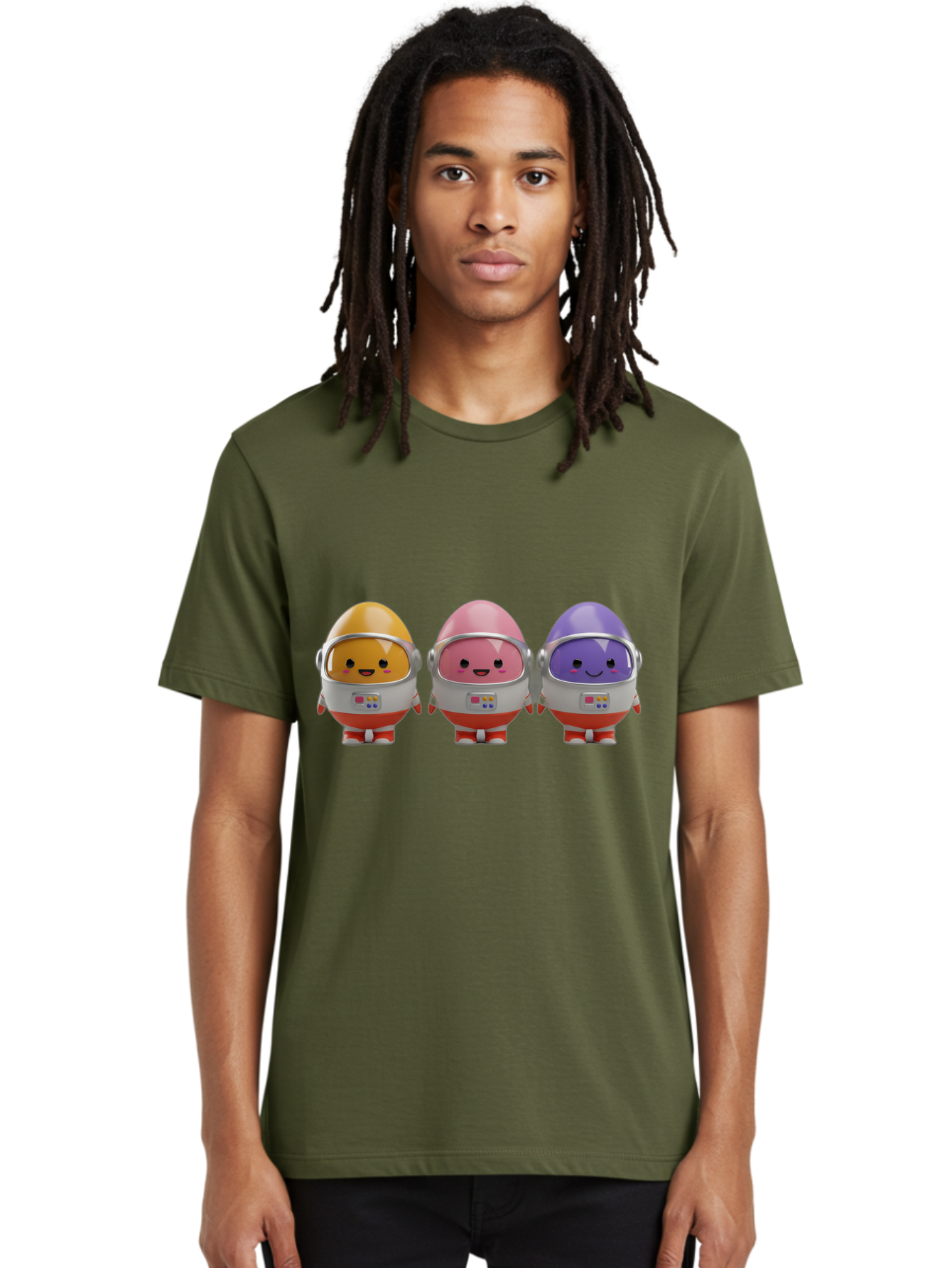 Egg-Astronauts Men'S Graphic Tee, 100% Cotton, Comfortable Casual Summer Wear, Machine Washable, Cartoon Eggs, Space Astronauts, Colorful Characters, Happy Faces, Silver Helmets, Red Boots, Futuristic Design, Playful Illustration, Cute Robots, Baa639
