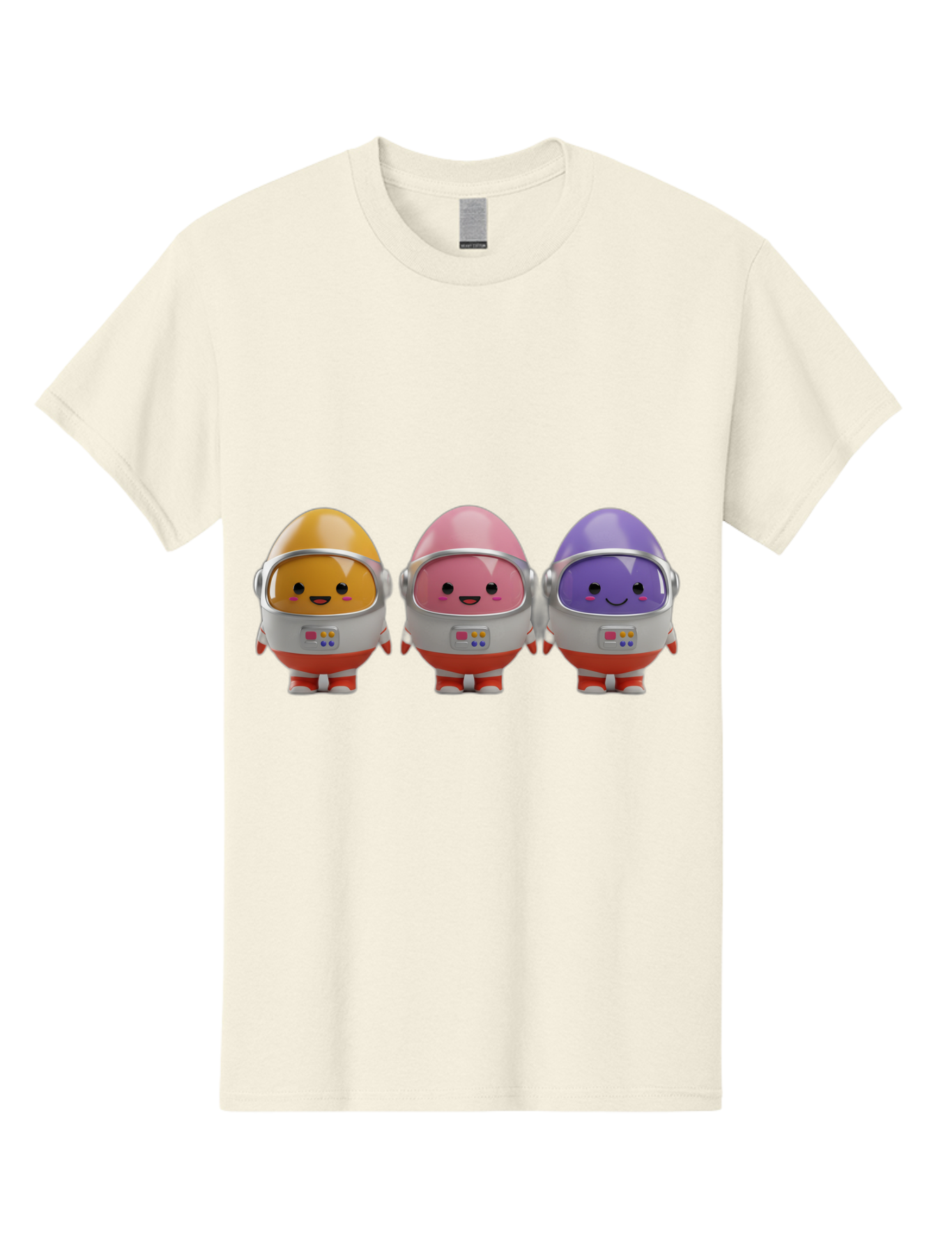 Egg-Astronauts Men'S Graphic Tee, 100% Cotton, Comfortable Casual Summer Wear, Machine Washable, Cartoon Eggs, Space Astronauts, Colorful Characters, Happy Faces, Silver Helmets, Red Boots, Futuristic Design, Playful Illustration, Cute Robots, Baa639