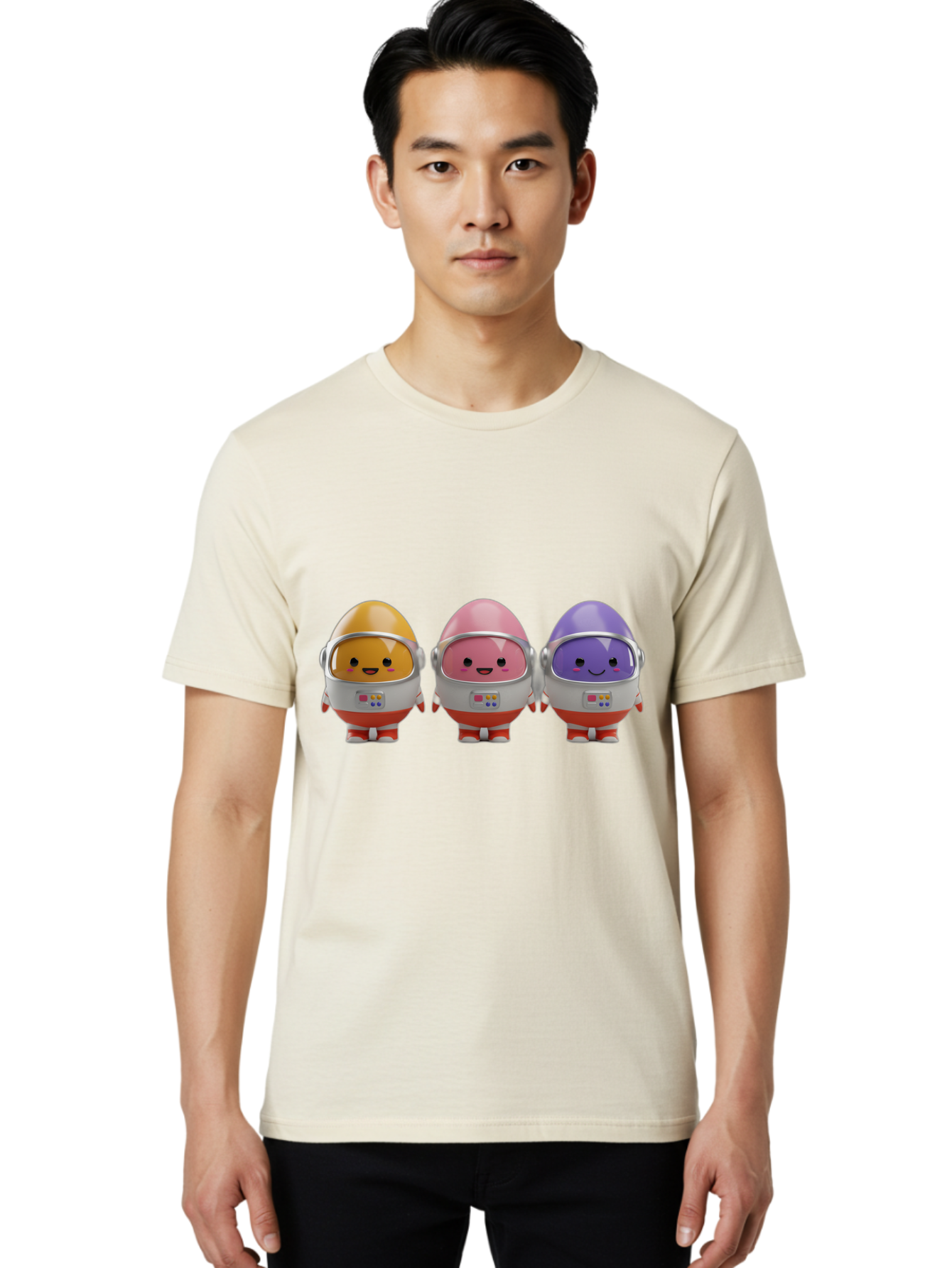 Egg-Astronauts Men'S Graphic Tee, 100% Cotton, Comfortable Casual Summer Wear, Machine Washable, Cartoon Eggs, Space Astronauts, Colorful Characters, Happy Faces, Silver Helmets, Red Boots, Futuristic Design, Playful Illustration, Cute Robots, Baa639