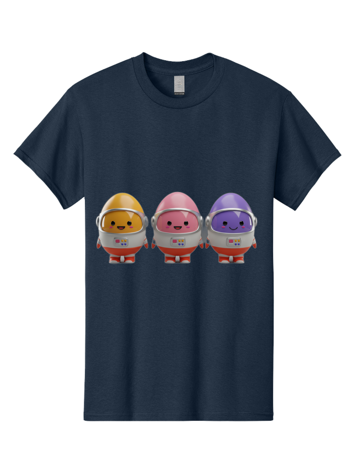 Egg-Astronauts Men'S Graphic Tee, 100% Cotton, Comfortable Casual Summer Wear, Machine Washable, Cartoon Eggs, Space Astronauts, Colorful Characters, Happy Faces, Silver Helmets, Red Boots, Futuristic Design, Playful Illustration, Cute Robots, Baa639