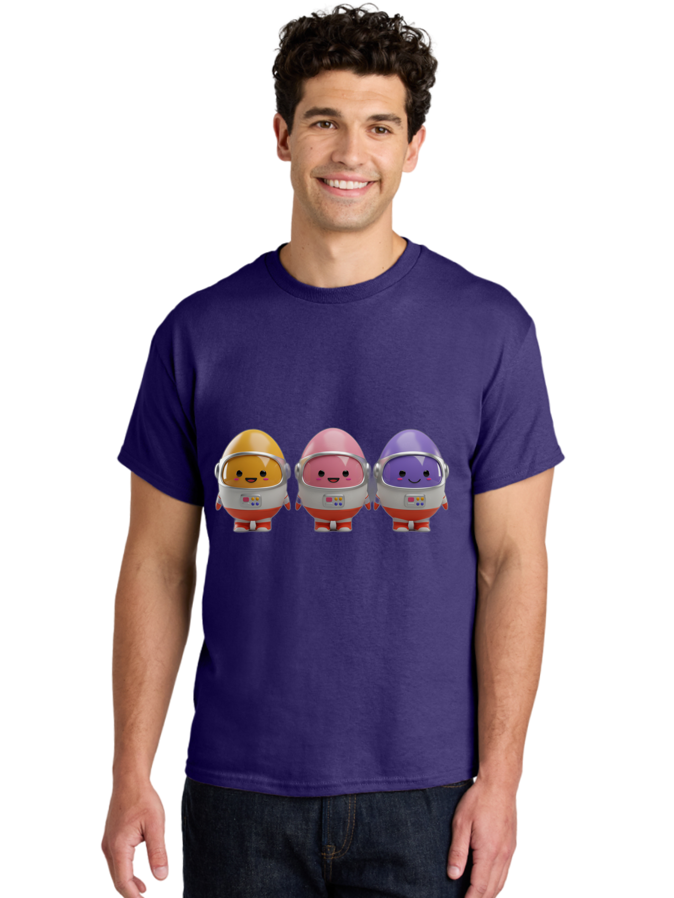 Egg-Astronauts Men'S Graphic Tee, 100% Cotton, Comfortable Casual Summer Wear, Machine Washable, Cartoon Eggs, Space Astronauts, Colorful Characters, Happy Faces, Silver Helmets, Red Boots, Futuristic Design, Playful Illustration, Cute Robots, Baa639