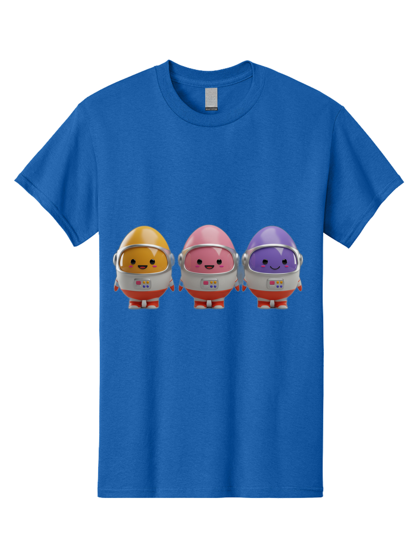 Egg-Astronauts Men'S Graphic Tee, 100% Cotton, Comfortable Casual Summer Wear, Machine Washable, Cartoon Eggs, Space Astronauts, Colorful Characters, Happy Faces, Silver Helmets, Red Boots, Futuristic Design, Playful Illustration, Cute Robots, Baa639
