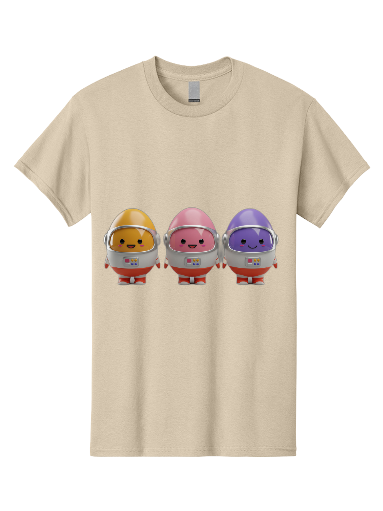 Egg-Astronauts Men'S Graphic Tee, 100% Cotton, Comfortable Casual Summer Wear, Machine Washable, Cartoon Eggs, Space Astronauts, Colorful Characters, Happy Faces, Silver Helmets, Red Boots, Futuristic Design, Playful Illustration, Cute Robots, Baa639