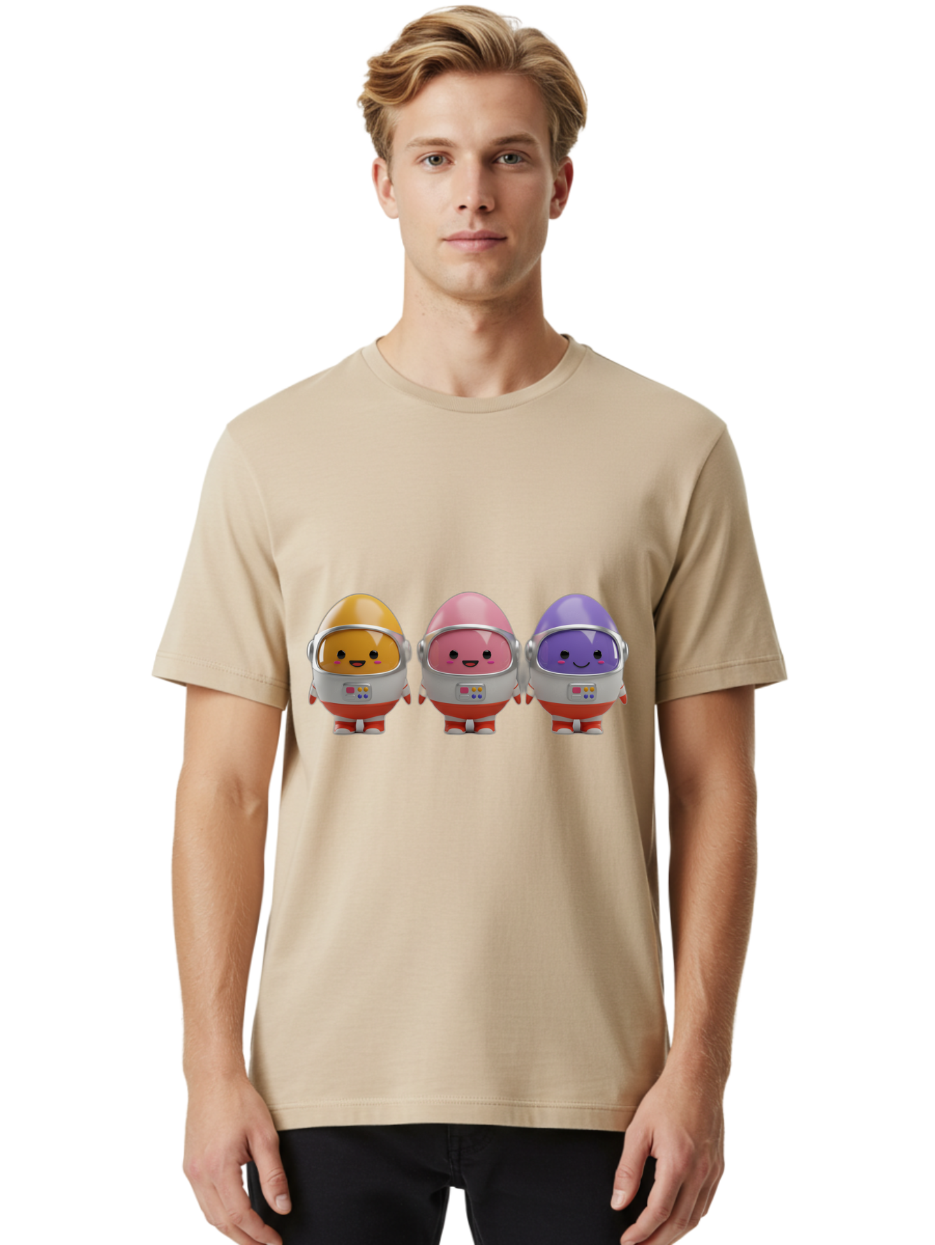 Egg-Astronauts Men'S Graphic Tee, 100% Cotton, Comfortable Casual Summer Wear, Machine Washable, Cartoon Eggs, Space Astronauts, Colorful Characters, Happy Faces, Silver Helmets, Red Boots, Futuristic Design, Playful Illustration, Cute Robots, Baa639