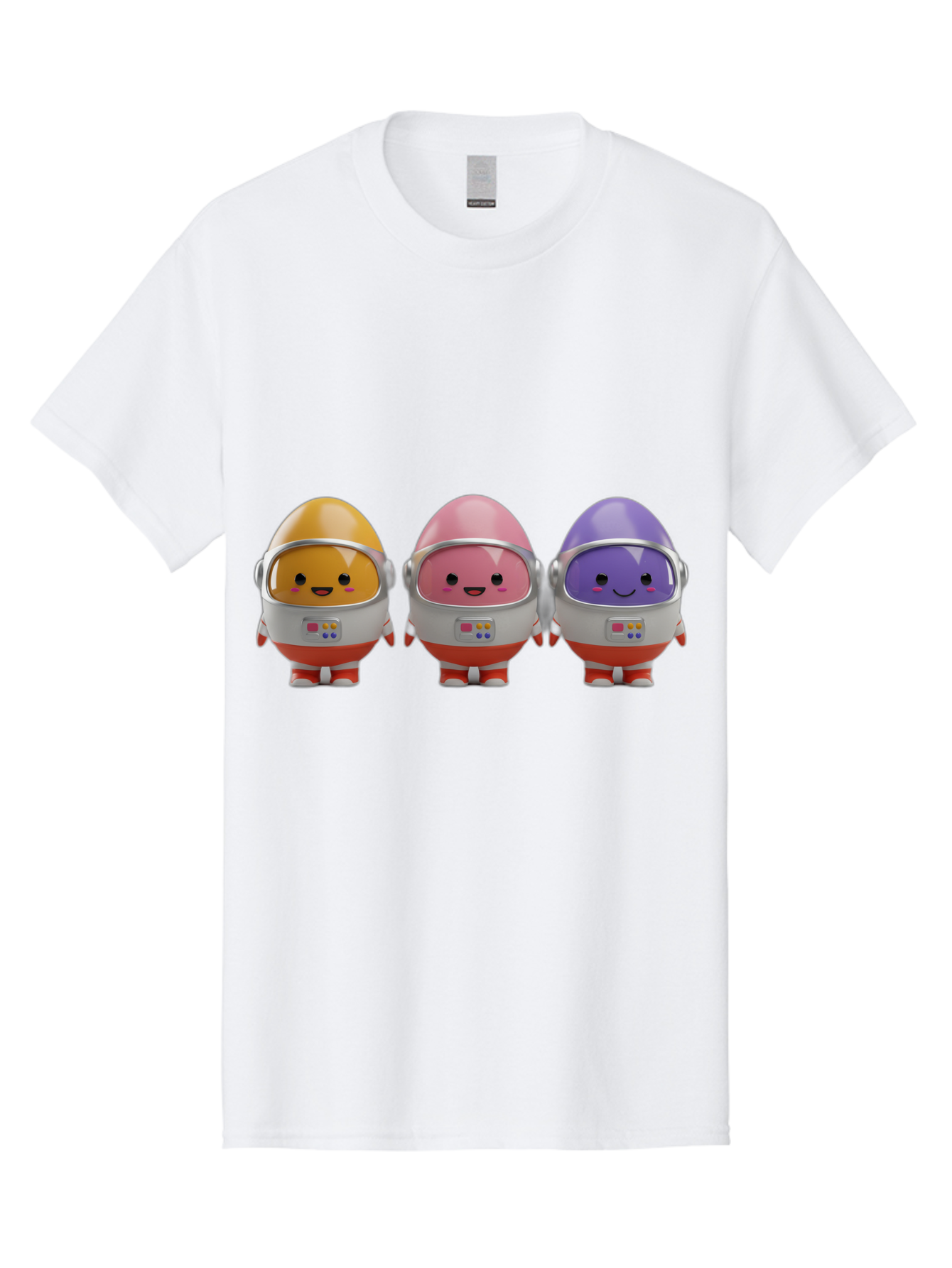 Egg-Astronauts Men'S Graphic Tee, 100% Cotton, Comfortable Casual Summer Wear, Machine Washable, Cartoon Eggs, Space Astronauts, Colorful Characters, Happy Faces, Silver Helmets, Red Boots, Futuristic Design, Playful Illustration, Cute Robots, Baa639