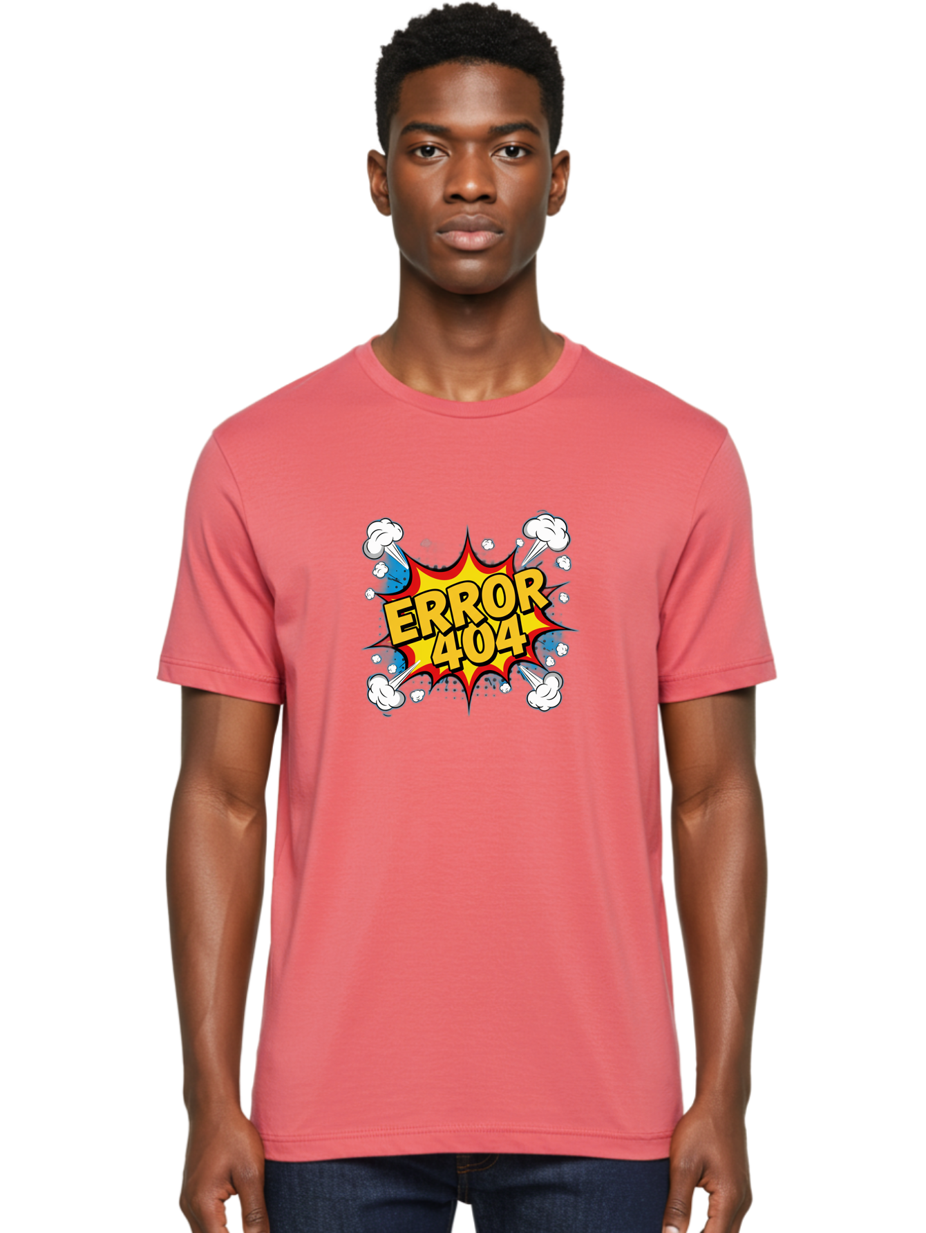 Error-404-3 Men'S Graphic Tee, 100% Cotton, Comfortable Casual Summer Wear, Machine Washable, Error Message, 404 Page Not Found, Cartoon Style, Comic Explosion, Yellow Text, Red Outline, White Clouds, Blue Bombs, Retro Aesthetic, Funny Design, Baa651