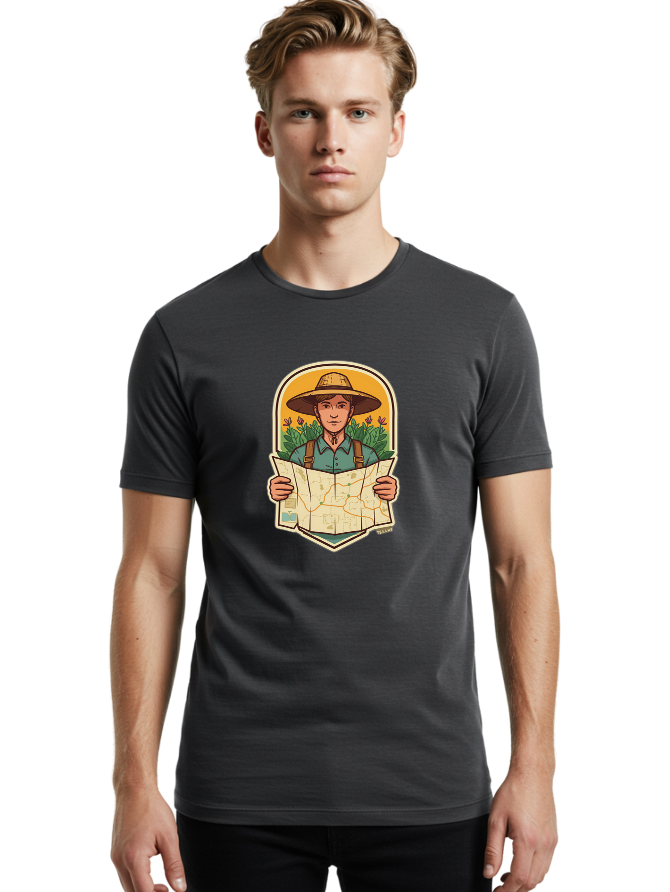 Explorer-With-Map Men'S Graphic Tee, 100% Cotton, Comfortable Casual Summer Wear, Machine Washable, Hiker With Map, Outdoor Adventure, Travel Planning, Exploration, Nature Reserve, Wilderness, Trekking, Outdoor Enthusiast, Navigation, Route Baa653