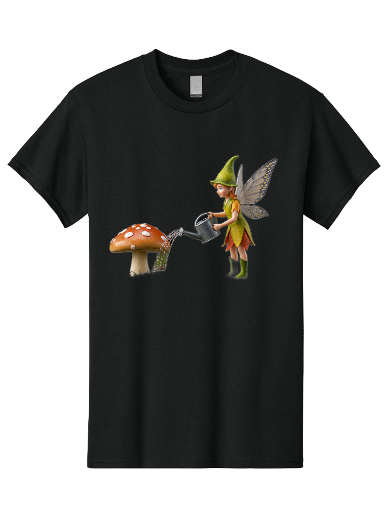 Fairy-Watering-Mushroom Men'S Graphic Tee, 100% Cotton, Comfortable Casual Summer Wear, Machine Washable, Fairy Watering Mushroom, Whimsical Scene, Fantastical Creature, Green Hat, Yellow Dress, Watering Can, Red Mushroom, White Spots, Baa654