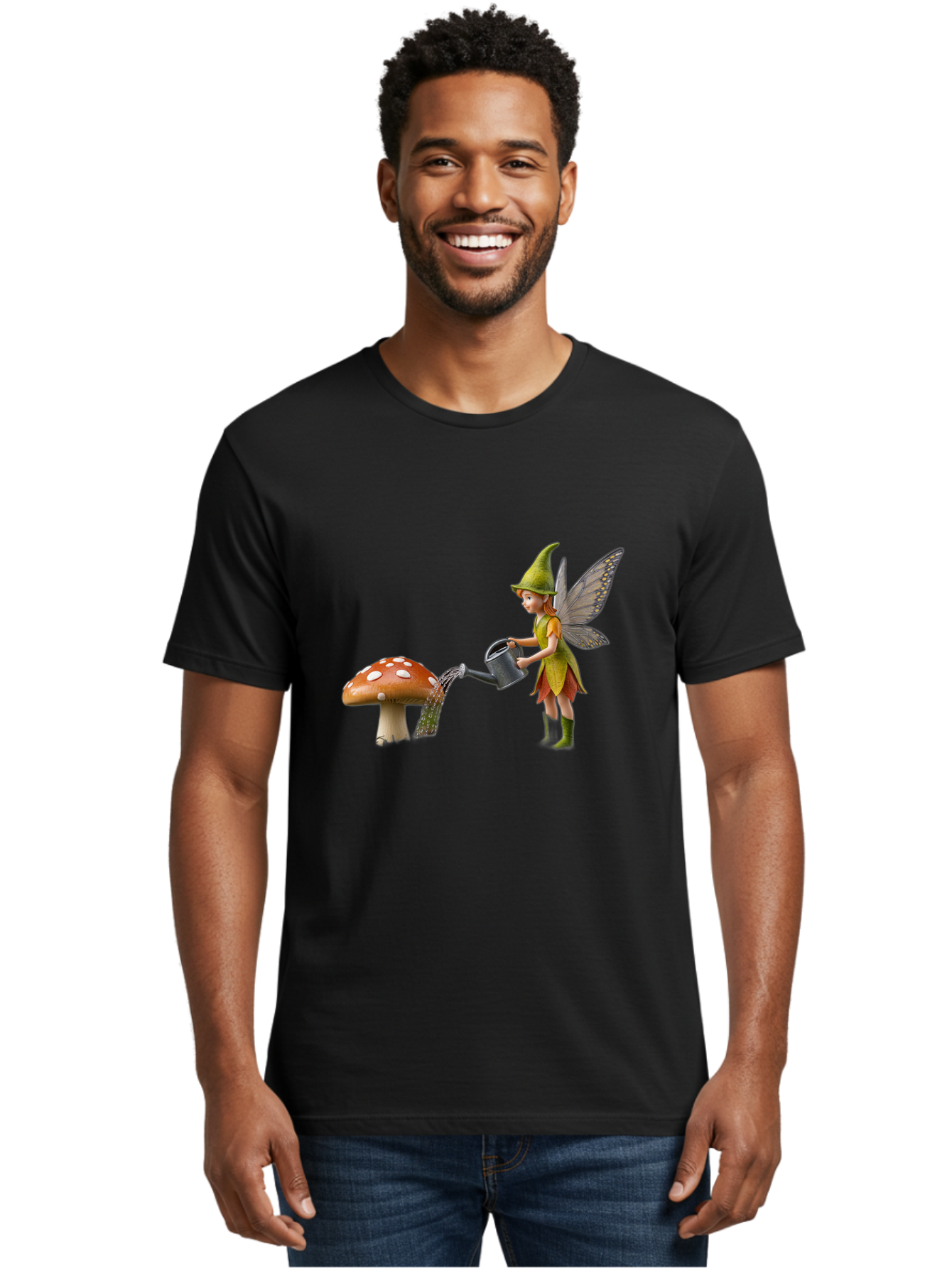Fairy-Watering-Mushroom Men'S Graphic Tee, 100% Cotton, Comfortable Casual Summer Wear, Machine Washable, Fairy Watering Mushroom, Whimsical Scene, Fantastical Creature, Green Hat, Yellow Dress, Watering Can, Red Mushroom, White Spots, Baa654