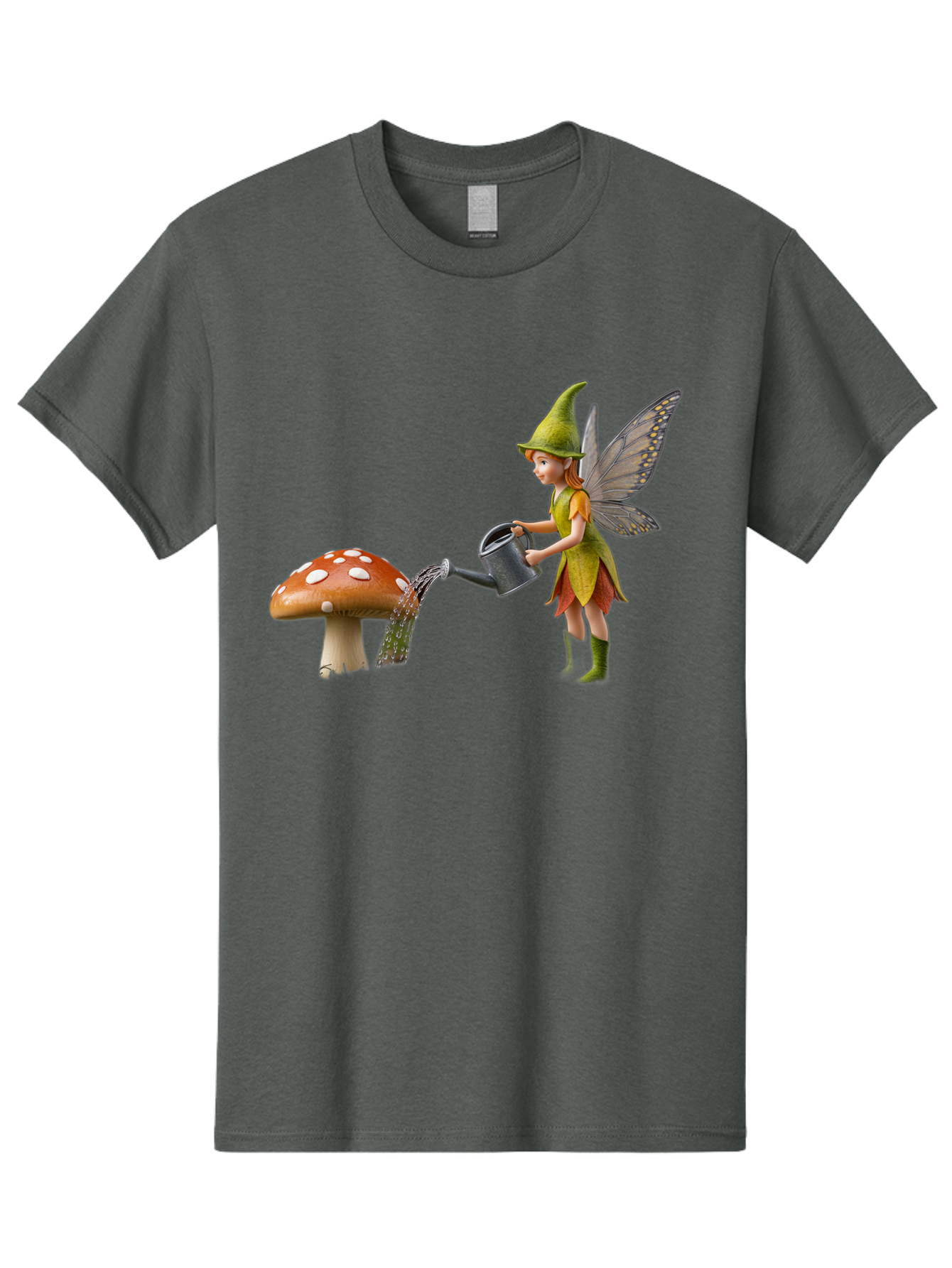 Fairy-Watering-Mushroom Men'S Graphic Tee, 100% Cotton, Comfortable Casual Summer Wear, Machine Washable, Fairy Watering Mushroom, Whimsical Scene, Fantastical Creature, Green Hat, Yellow Dress, Watering Can, Red Mushroom, White Spots, Baa654