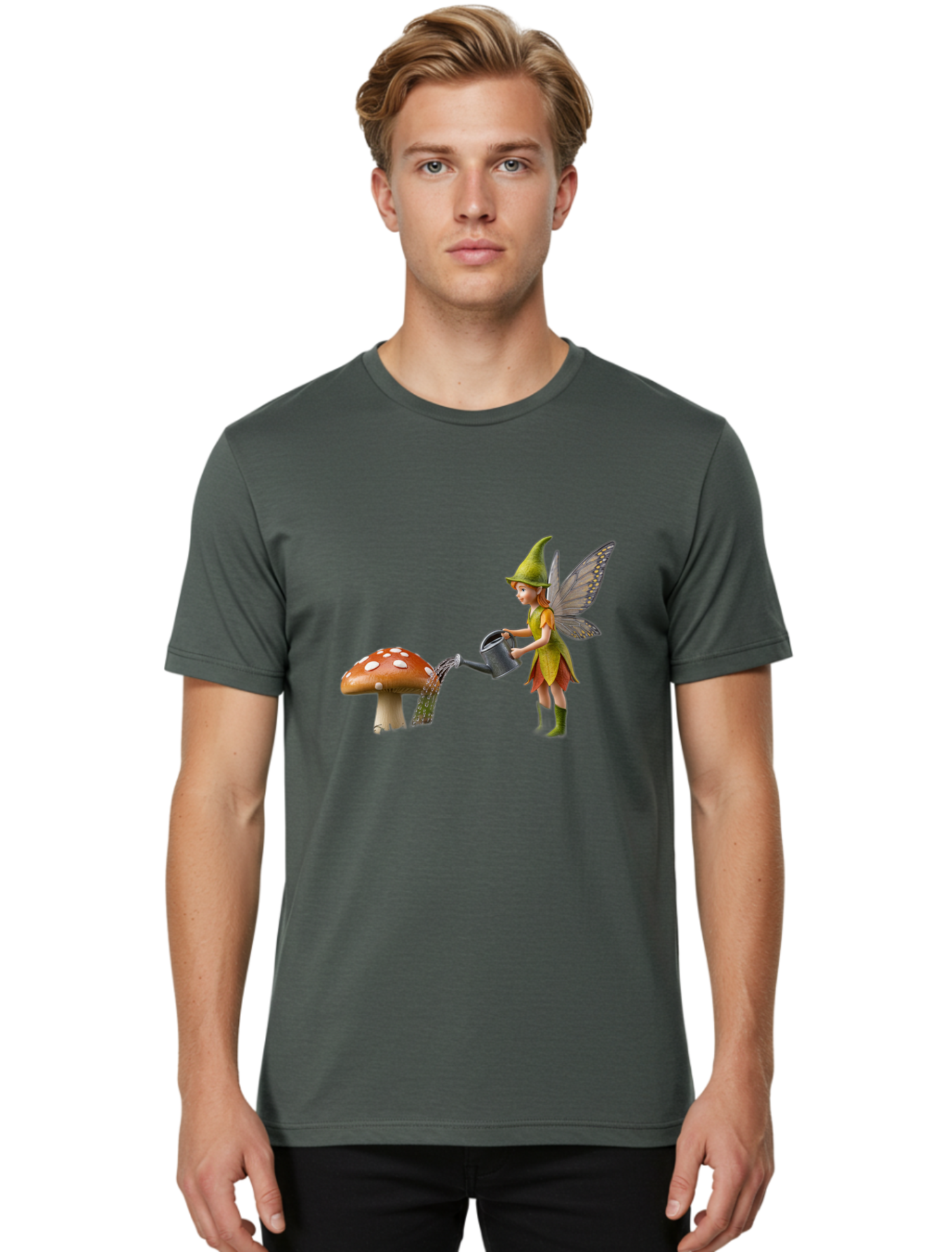 Fairy-Watering-Mushroom Men'S Graphic Tee, 100% Cotton, Comfortable Casual Summer Wear, Machine Washable, Fairy Watering Mushroom, Whimsical Scene, Fantastical Creature, Green Hat, Yellow Dress, Watering Can, Red Mushroom, White Spots, Baa654