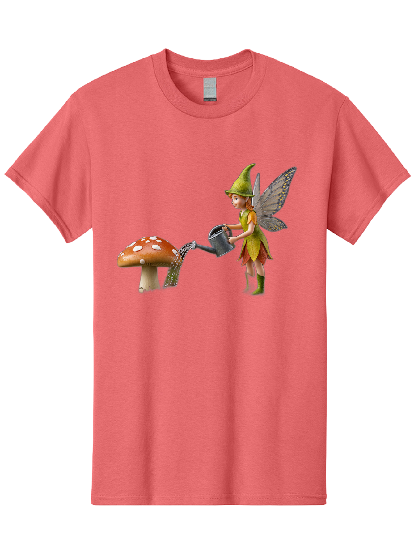 Fairy-Watering-Mushroom Men'S Graphic Tee, 100% Cotton, Comfortable Casual Summer Wear, Machine Washable, Fairy Watering Mushroom, Whimsical Scene, Fantastical Creature, Green Hat, Yellow Dress, Watering Can, Red Mushroom, White Spots, Baa654